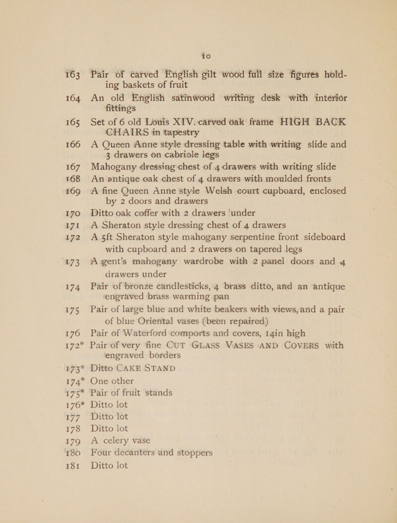 163 164 165 166 167 168 169 170 ya yz 173 174 175 176 ‘72° 173 * 174* 7s 176* 177 178 179 180 181 b fe) Pair of carved English gilt wood full size figures hold- ing baskets of fruit An old English satinwood writing desk with interior fittings Set of 6 old Louis XIV. catved 6ak' frame HIGH BACK CHAIRS 1n tapestry A Queen Anne style dressing table with ok tha slide and 3 drawers on cabriole legs Mahogany dressing chest of 4:drawers with writing slide An antique oak chest of 4 drawers with moulded fronts A fine Queen Anne style Welsh court cupboard, enclosed by 2 doors and drawers Ditto oak coffer with 2 drawers ‘under A Sheraton style dressing chest of 4 drawers A 5ft Sheraton style mahogany serpentine front sideboard with cupboard and 2 drawers on tapered legs A gent’s mahogany wardrobe with 2 panel doors and 4 drawers under Pair of bronze candlesticks, ‘4 brass ditto, and an ‘antique engraved ‘brass warming jan Pair of large blue and white beakers with views,and a pair of blue Oriental vases (been repaired) Pair of Waterford comports and covers, 14in high Pair of very fine CUT ‘GLASS VASES AND COVERS with engraved borders Ditto CAKE STAND One other Pair of fruit stands Ditto lot Ditto lot Ditto lot A celery vase Four decanters and stoppers Ditto lot