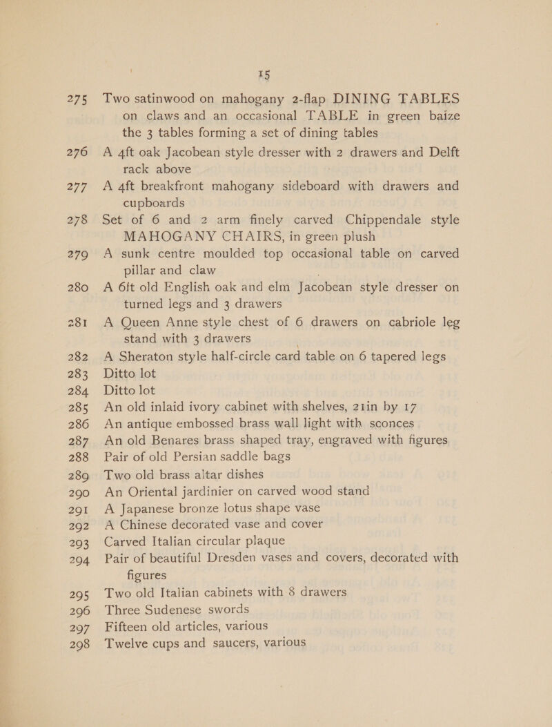 275 282 283 284 285 286 287 288 289 290 Zo 292 293 204 295 296 297 298 { 15 Two satinwood on mahogany 2-flap DINING TABLES on claws and an occasional TABLE in green baize the 3 tables forming a set of dining tables A 4ft oak Jacobean style dresser with 2 drawers and Delft rack above A 4ft breakfront mahogany sideboard with drawers and cupboards Set of 6 and 2 arm finely carved Chippendale style MAHOGANY CHAIRS, in green plush A sunk centre moulded top occasional table on carved pillar and claw A 6ft old English oak and elm Jacobean style dresser on turned legs and 3 drawers A Queen Anne style chest of 6 drawers on cabriole leg stand with 3 drawers A Sheraton style half-circle card table on 6 tapered legs Ditto lot Ditto lot An old inlaid ivory cabinet with shelves, 21in by 17 An antique embossed brass wall light with sconces An old Benares brass shaped tray, engraved with figures Pair of old Persian saddle bags Two old brass altar dishes An Oriental jardinier on carved wood stand A Japanese bronze lotus shape vase A Chinese decorated vase and cover Carved Italian circular plaque Pair of beautiful Dresden vases and covers, decorated with figures Two old Italian cabinets with 8 drawers Three Sudenese swords Fifteen old articles, various Twelve cups and saucers, various