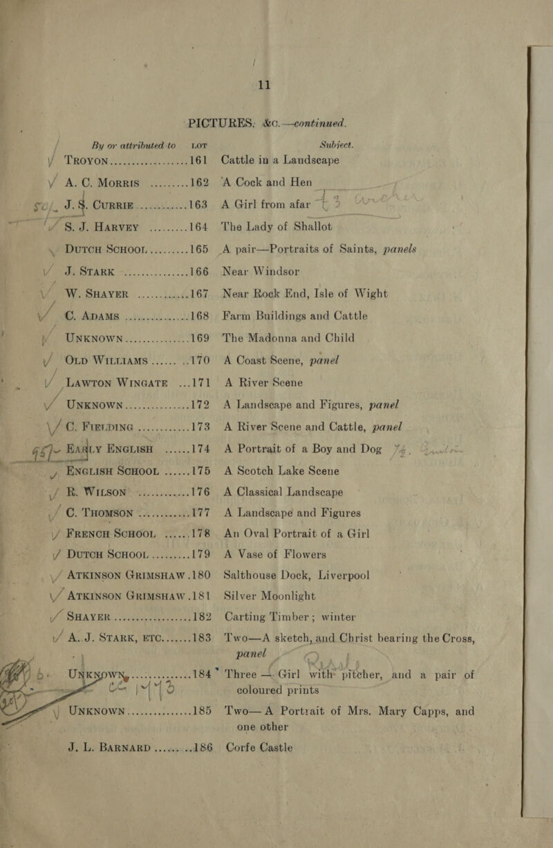 / TROVON Cia ee 161 Vv A. C. Morris Su/ J. S. CURRIE........ 163 178. J. Harvey ......... 164 \/ DUTCH SCHOOI.......... 165 Sy TARE 200.6028, 166 V MUP PHAYER ......:leik 167 if a WRIA caf 5 00) ices 168 / MINKNOWN:.......0.002). 169 J OLD WILTIAMS ...... .. 170 / Y/Y LAWTON WINGATE ...171 We AP IENOWAS oc s. eae 172 \/ C. Frere ............ 173 cal Baty ENGLISH. ...... 174 , ENGLISH SCHOOL ...... 175 hee’ WILSON caer 176 J O-“TROMSON TS ks 77 / FRENCH SCHOOL 2... 178 Y DutcH SCHOOL ......... 179 ,/ ATKINSON GRIMSHAW .180  11 Cattle in a Landscape ‘A Cock and Hen ] A Girl from afar © The Lady of Shallot 9 | Near Windsor Near Rock End, Isle of Wight Farm Buildings and Cattle The Madonna and Child A Coast Scene, panel A River Scene A Landscape and Figures, panel A River Scene and Cattle, panel A Portrait of a Boy and Dog ee A Scotch Lake Scene | A Classical Landscape A Landscape and Figures An Oval Portrait of a Girl A Vase of Flowers Salthouse Dock, Liverpool Silver Moonlight Carting Timber; winter Two—A sketch, and Christ bearing the Cross, panel Three —. Girl te * pitcher, and a pair of coloured prints | one other Corfe Castle 