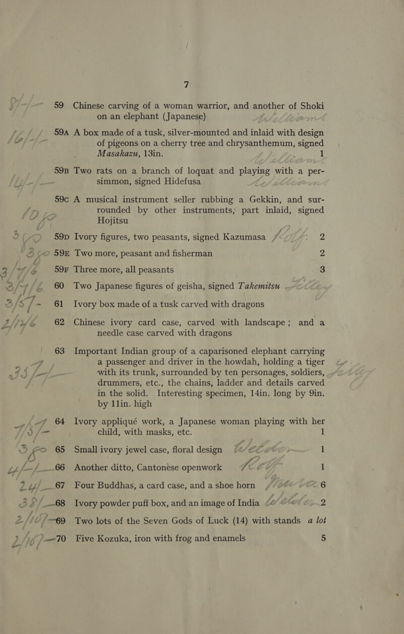59 Chinese carving of a woman warrior, and another of Shoki on an elephant (Japanese) é 59A A box made of a tusk, silver-mounted and inlaid with design “4 of pigeons on a cherry tree and chrysanthemum, signed Masakazu, 13in. 1 59B Two rats on a branch of loquat and playing with a per- simmon, signed Hidefusa 59c A musical instrument seller rubbing a Gekkin, and sur- rounded by other instruments, part inlaid, signed : Hojitsu 2 59D Ivory figures, two peasants, signed Kazumasa , K E % 595 Two more, peasant and fisherman 2 ‘ r “ 59F Three more, all peasants 3 A/-y/&lt; 60 Two Japanese figures of geisha, signed Takemitsu 17 JS f= 61 Ivory box made of a tusk carved with dragons Lilwe 62 Chinese ivory card case, carved with landscape; and a needle case carved with dragons 63 Important Indian group of a caparisoned elephant carrying - , aS a passenger and driver in the howdah, holding a tiger 4.) = with its trunk, surrounded by ten personages, soldiers, drummers, etc., the chains, ladder and details carved in the solid. Interesting specimen, 14in. long by Qin. by 1lin. high _/ J ®4 Ivory appliqué work, a Japanese woman playing with her 3) /= child, with masks, etc. b go 65 Small ivory jewel case, floral design . HEEL 1 oO fl Js/-/- 66 Another ditto, Cantonese openwork TCS 1 ? gf/ 67 Four Buddhas, a card case, andashoe horn »/o* 6 2 »/ 68 Ivory powder puff box, and an image of India ¢@ ©“ 2 2/1 : =69 Two lots of the Seven Gods of Luck (14) with stands a lot &gt; m0 Five Kozuka, iron with frog and enamels 5
