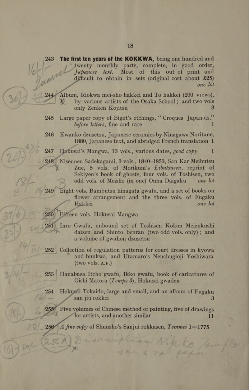 243 The first ten years of the KOKKWA, being one hundred and 71 »* twenty monthly parts, complete, in good order, is — Japanese text. Most of this out of print and a as to obtain in sets (original cost about £25) “a : one lot 244” Album, Riokwa mei-sho hakkei and To hakkei (200 views), XW’ by various artists of the Osaka School ; and two vols only Zenken Kojitsu 3 245 Large paper copy of Bigot’s etchings, “‘ Croques Japanais,”’ before letters, fine and rare 1 246 Kwanko dzusetsu, Japanese ceramics by Ninagawa Noritane, 1880, Japanese text, and abridged French translation 1 247 Hokusai’s Mangwa, 13 vols., various dates, good copy 1 2487 ‘Nisennen Sadekagami, 3 vols., 1840-1853, San Kar Meibutsu ary Zue, 5 vols. of Morikuni’ s Eibutsusen, reprint of Sekiyen’s book of ghosts, four vols. of Toshisen, two odd vols. of Meisho (in one) Onna Daigaku one lot 249 Eight vols. Bambutsu hinagata gwafu, and a set of books on _ flower arrangement and the three vols. of Fugaku / / Fakkei one lot “on 250) Fifteen vols. Hokusai Mangwa 251. Inro Gwafu, unbound set of Toshisen Kokon Meizukushi atid daizen and Shinto benran (two odd vols. only) ; and a volume of gwahon dzusetsu 252. Collection of regulation patterns for court dresses in kyowa and bunkwa, and Utamaro’s Nenchugioji Yoshiwara (two vols. A.F.) 253 Hanabusa Itcho gwafu, Ikko gwafu, book of caricatures of Oishi Matora (Temps 3), Hokusai gwaden 254 Hokusai Tokaido, large and small, and an album of Fugaku oe san jiu rokkei 3 4: 2 ’ Five volumes of Chinese method of painting, five of drawings ——_— for artists, and another similar 11 A fine copy of Shunsho’s Sanjui rokkasen, Temme: I=1775 ~*~ »