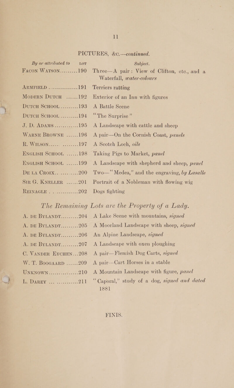 ig F'ACON NVUBESOIN scc.ccc 6 190 PAURIMOBEENGD, fcc. ess'sese5. 191 MopERN DUTCH ...... 1D DUTCH SCHOOL../...... 193 DWORCHE SCHOOL .....6.. 194 See DAMS =, 2720.05 195 WARNE BROWNE ...... 196 ye Oh ae LO] ENGLISH SCHOOL ...... 198 ENGLISH SCHOOL ...... 199 Dares CROIX... ..:+. eee) SiG. JCNELLER .....: 201 PeMIAGIE 6. ce ess. 702 Three—A pair: View of Clifton, etc., and a Waterfall, water-colours Terriers ratting Exterior of an Inn with figures A Battle Scene “The Surprise ” A Landscape with cattle and sheep A pair—On the Cornish Coast, panels A Seoteh Loch, ozds Taking Pigs to Market, panel A Landscape with shepherd and sheep, panel Two—‘‘ Medea,” and the engraving, by Lasalle Portrait of a Nobleman with flowing wig Dogs fighting Pee Ore DYEANDT......... 204 eee DYLANDT.....:... 205 AS DE DYLANDT......... 206 EeeOPaY CAND. ois. 5.. 207 C. VANDER EYCHEN...208 We BOOGCNARD. ...... 209 WENIKONOMONG | .ac.c% es sce 210 WE REY oc; ck ew ses. Oe A Lake Scene with mountains, s¢gned A Moorland Landscape with sheep, szgned An Alpine Landscape, stgned A Landscape with oxen ploughing A pair—Flemish Dog Carts, signed A pair-—Cart Horses in a stable A Mountain Landscape with figure, panel “Caporal,” study of a dog, stgned and dated 1881 FINIS.