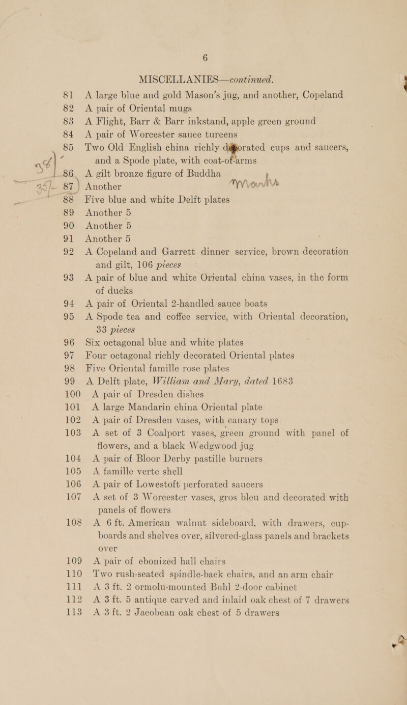 MISCELLANIES—continued. 81 <A large blue and gold Mason’s jug, and another, Copeland 82 A pair of Oriental mugs 83 A Flight, Barr &amp; Barr inkstand, apple green ground 84 <A pair of Worcester sauce tureens 85 Two Old English china richly ie cups and saucers, and a Spode plate, with coat-of-arms 86. <A gilt bronze figure of Buddha i 87 ) Another NV Veni 88 Five blue and white Delft plates 89 Another 5 90 Another 5 91 Another 5 92 <A Copeland and Garrett dinner service, brown decoration and gilt, 106 pieces 93 <A pair of blue and white Oriental china vases, in the form of ducks 94 <A pair of Oriental 2-handled sauce boats 95 <A Spode tea and coffee service, with Oriental decoration, 33 pieces 96 Six octagonal blue and white plates 97 Four octagonal richly decorated Oriental plates 98 Five Oriental famille rose plates 99 A Delft plate, William and Mary, dated 1683 100 <A pair of Dresden dishes 101 <A large Mandarin china Oriental plate 102 A pair of Dresden vases, with canary tops 103 <A set of 3 Coalport vases, green ground with panel of flowers, and a black Wedgwood jug 104 A pair of Bloor Derby pastille burners 105 A famille verte shell 106 A pair of Lowestoft perforated saucers 107 A set of 3 Worcester vases, gros bleu and decorated with panels of flowers 108 <A 6ft. American walnut sideboard, with drawers, cup- boards and shelves over, silvered-glass panels and brackets over 109 <A pair of ebonized hall chairs 110 ‘Two rush-seated spindle-back chairs, and an arm chair 111 A 3 ft. 2 ormolu-mounted Buhl 2-door cabinet 112 A 3 ft. 5 antique carved and inlaid oak chest of 7 drawers 113 A 38 ft. 2 Jacobean oak chest of 5 drawers