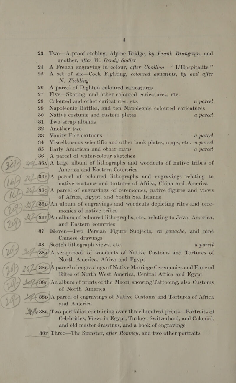t 23 Two—A proof etching, Alpine Bridge, by Frank Brangwyn, and another, after W. Dendy Sadler 24 <A French engraving in colour, after Chaillon—‘‘ L’Hospitalite ” 25 <A set of six—Cock Fighting, coloured aquatints, by and after N. Fielding 26 <A parcel of Dighton coloured caricatures 27 Five—Skating, and other coloured caricatures, etc. 28 Coloured and other caricatures, etc. a parcel 29 Napoleonic Battles, and ten Napoleonic coloured caricatures 30 Native costume and custom plates a parcel 31 Two scrap albums 32 Another two 33 Vanity Fair cartoons | a parcel 34 Miscellaneous scientific and other book plates, maps, etc. a parcel 35 Early American and other maps a parcel 36 A parcel of water-colour sketches ..864 A large album of lithographs and woodcuts of native tribes of | America and Eastern Countries 36B) A parcel of coloured lithographs and engravings relating to native customs and tortures of Africa, China and America /\/«386c A parcel of engravings of ceremonies, native figures and views TO ™~ of Africa, Egypt, and South Sea Islands ae 36D) An album of engravings and woodcuts depicting rites and cere- ae pear monies of native tribes AF 36n)An album of coloured lithographs, etec., relating to Java, America, bares Te and Eastern countries 37 Eleven—Two Persian Figure Subjects, en gouache, and nine Chinese drawings 38 Scotch lithograph views, etc. a parcel 384 A scrap-book of woodcuts of Native Customs and Tortures of : North America, Africa and Fgypt ? , / YP) \/ . . . . 7 § / { 38, A parcel of engravings of Native Marriage Ceremonies and Funeral ’ —_ Rites of North West America, Central Africa and Egypt ) 3 “<38c, An album of prints of the Maori. showing Tattooing, also Customs et of North America \ o I 6385 )A parcel of engravings of Native Customs and Tortures of Africa —— ae and America HY s8x, Two portfolios containing over three hundred prints—Portraits of B. Celebrities, Views in Egypt, Turkey, Switzerland, and Colonial, and old master drawings, and a book of engravings __38r Three—The Spinster, after Romney, and two other portraits