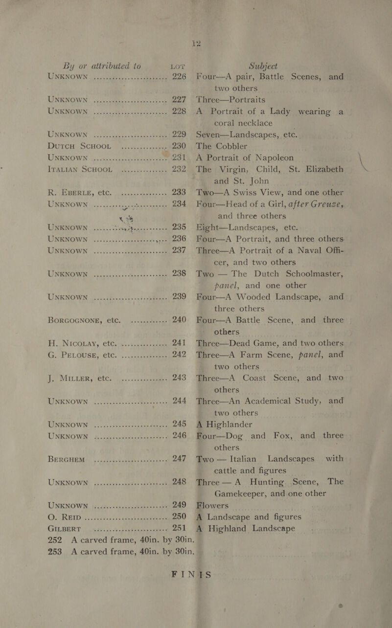 UNKNOWN. 2... oii... 4 ee 226 LINEN’ ey oa ee Cece 227 UUNKBERUON 7, 5. 3 ed hace a ee 228 AT NIGP OVIN «ochre tale «5 Be acs ee 229 Dvr ScHoow Vay, osc t gee 230 LUNENCIWN 5). coaccuueck lecce cates 231 ITALIAN: SCHOOL arturo 232 REPEC RIEE,. CLC. alncace&gt; abee soe 233 UNKNOWN see geree tage eshaseeneess 234 qh UNKNOWN ....... pr a RR 235 UWRAOWY Onc sons &gt; stp preeeoe TRIN OVIN © sos oes cS ee 237 URE en es ae os ae 238 UNKNOWN 3c, . cad fomue'st&gt; o&gt; Ree 239 BORGOGNONE, ete. | s+-&lt;asaae ee 240 HH. NICQLAY,. CtC;-...\saenks eee 241 iy... PELQUSE, CC. .. .seenineenne 242 dy MULLER teie Dies» » «sce 243 RINKNOWN. &lt;ivicunks cscs oebeeen sen 244 TIUNENOWN ©. xh eo eo lk ee 245 UNKNOWNS” &amp; as Geek are 246 BERGHEMS: « &lt;ccteus bs cto daa 247 UMNENOWN? : o:.0/c beets anna eae 248 UNKNOWN. trasides « cava sobeeeen ake 249 OORBID |. nei eat eee 250 GILBERT .. 440: + Jeb abana 251 Four—A pair, Battle Scenes, and two others Three—Portraits A Portrait of a Lady wearing a coral necklace Seven—Landscapes, etc. The Cobbler A Portrait of Napoleon The Virgin, Child, St. Elizabeth and St. John Two—A Swiss View, and one other Four—Head of a Girl, after Greuze, . and three others Eight—Landscapes, etc. Four—A Portrait, and three others. Three—A Portrait of a Naval Off- cer, and two others Two — The Dutch Schoolmaster, panel, and one other Four—A Wooded Landscape, and three others Four—A Battle Scene, and three others Three—Dead Game, and two others Three—A Farm Scene, panel, and two others Three—A Coast Scene, others Three—An Academical Study, and two others A Highlander Four—Dog and Fox, and _ three others  and two Two — Italian Landscapes with cattle and figures Three — A Hunting. Scene, The Gamekeeper, and one other Flowers 7 A Landscape and figures A Highland Landscape
