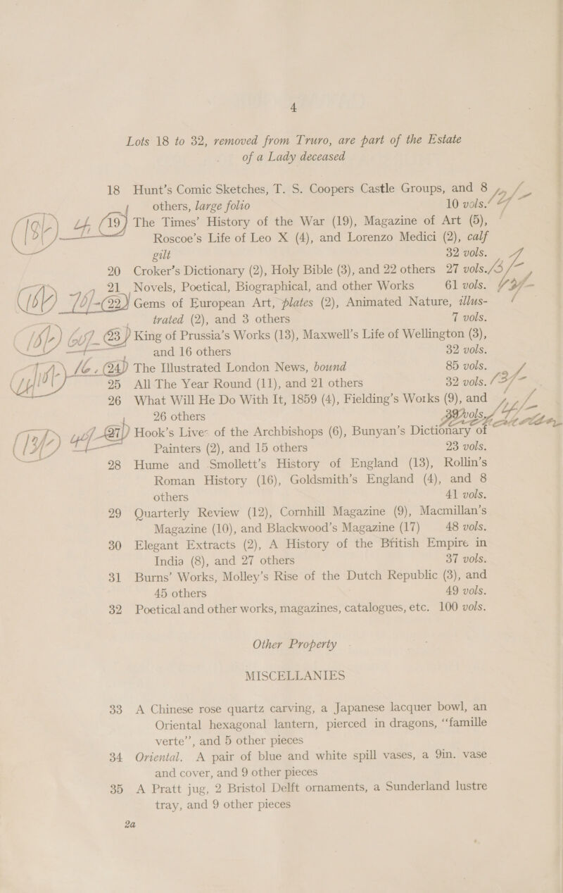 + Lots 18 to 32, removed from Truro, are part of the Estate of a Lady deceased 18 Hunt’s Comic Sketches, T. S. Coopers Castle Groups, and 8 ,,, yf a others, large folio 10 vols.4 7 ~ ish) Lf. ay The Times’ History of the War (19), Magazine of Art (5), a Roscoe’s Life of Leo X (4), and Lorenzo Medici (2), calf gult 32 vols 20 Croker’s Dictionary (2), Holy Bible (3), and 22 others 27 vols. /3 sf ‘ Le 4» 21 Novels, Poetical, Biographical, and other Works 61 vols. YH Cy) b/ -(22) Gems of European Art, Plates (2), Animated Nature, dlus- i &lt;7 trated (2), and 3 others T vols. / flo) bo (A ) @3) King of Prussia’s Works (13), Maxwell’s Life of Wellington (3), Se a Be and 16 others 32 vols. } hy) 42 él 94} The Illustrated London News, bound 85 vols. ff HEY 95 All The Year Round (11), and 21 others 32 vols. (37 - i 96 What Will He Do With It, 1859 (4), Fielding’s Works (9), and er Le 26 others - lS y SF hey, rary be 7) Hook’s Live: of the Archbishops (6), Bunyan’s Dictionary of an ( / HY (fs Painters (2), and 15 others 23 vols. Hig 98 Hume and Smollett’s History of England (13), Rollin’s Roman History (16), Goldsmith’s England (4), and 8 others 41 vols. 29 Quarterly Review (12), Cornhill Magazine (9), Macmillan’s Magazine (10), and Blackwood’s Magazine (17) 48 vols. 30 Elegant Extracts (2), A History of the British Empire in India (8), and 27 others 37 vols. 31 Burns’ Works, Molley’s Rise of the Dutch Republic (3), and 45 others 49 vols. 32, Poetical and other works, magazines, catalogues, etc. 100 vols. Other Property MISCEELANIES 33 A Chinese rose quartz carving, a Japanese lacquer bowl, an Oriental hexagonal lantern, pierced in dragons, ‘‘famille verte”, and 5 other pieces 34 Oriental. A pair of blue and white spill vases, a 9in. vase and cover, and 9 other pieces 35 A Pratt jug, 2 Bristol Delft ornaments, a Sunderland lustre tray, and 9 other pieces