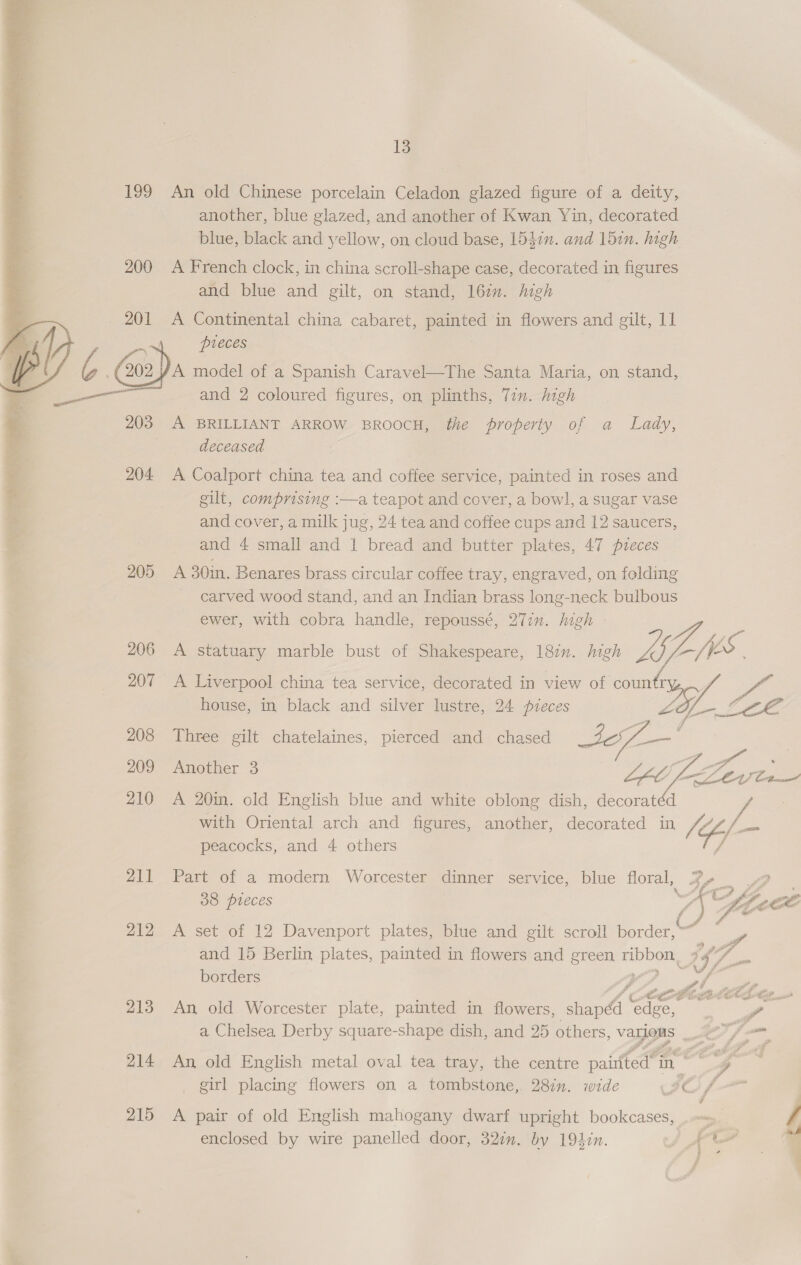 An old Chinese porcelain Celadon glazed figure of a deity, another, blue glazed, and another of Kwan Yin, decorated blue, black and yellow, on cloud base, 15$7n. and 15in. high A French clock, in china scroll-shape case, decorated in figures and blue and gilt, on stand, 16m. high A Continental china cabaret, painted in flowers and gilt, 11 pieces A model of a Spanish Caravel—The Santa Maria, on stand, and 2 coloured figures, on plinths, Tin. high A BRILLIANT ARROW BROOCH, the property of a _ Lady, 7 deceased A Coalport china tea and coffee service, painted in roses and eilt, comprising :—a teapot and cover, a bowl, a sugar vase and cover, a milk jug, 24 tea and coffee cups and 12 saucers, and 4 small and 1 bread and butter plates, 47 pieces  205 A 30in. Benares brass circular coffee tray, engraved, on folding carved wood stand, and an Indian brass long-neck bulbous ewer, with cobra handle, repoussé, 277. high - 206 A statuary marble bust of Shakespeare, 18n. high LS a SS 207 <A Liverpool china tea service, decorated in view of coun LL Lee house, in black and silver lustre, 24 pzeces fe 208 Three gilt chatelaines, pierced and chased ee: fo 209 Another 3 Ms Tle Live 210 A 20in. cold English blue and white oblong dish, decoratéd = with Oriental arch and figures, another, decorated in We = peacocks, and 4 others / oo) 211 Part of a modern Worcester dinner service, blue floral, By yy, 38 pieces 1) A 'é 212 A set of 12 Davenport plates, blue and gilt scroll border, ~~ > and 15 Berlin plates, painted in flowers and green ribbon, 4 ee borders PD of ae oe ite CEP soot 213. An old Worcester plate, painted in flowers, Fat cece 7 , a Chelsea Derby square-shape dish, and 25 others, various wk tA a i Pe 214 An old English metal oval tea tray, the centre paiifted*t in si o i girl placing flowers on a tombstone, 287n. wide $C f= 215 <A pair of old English mahogany dwarf upright bookcases, ve enclosed by wire panelled door, 32%. by 194zn. { nd -
