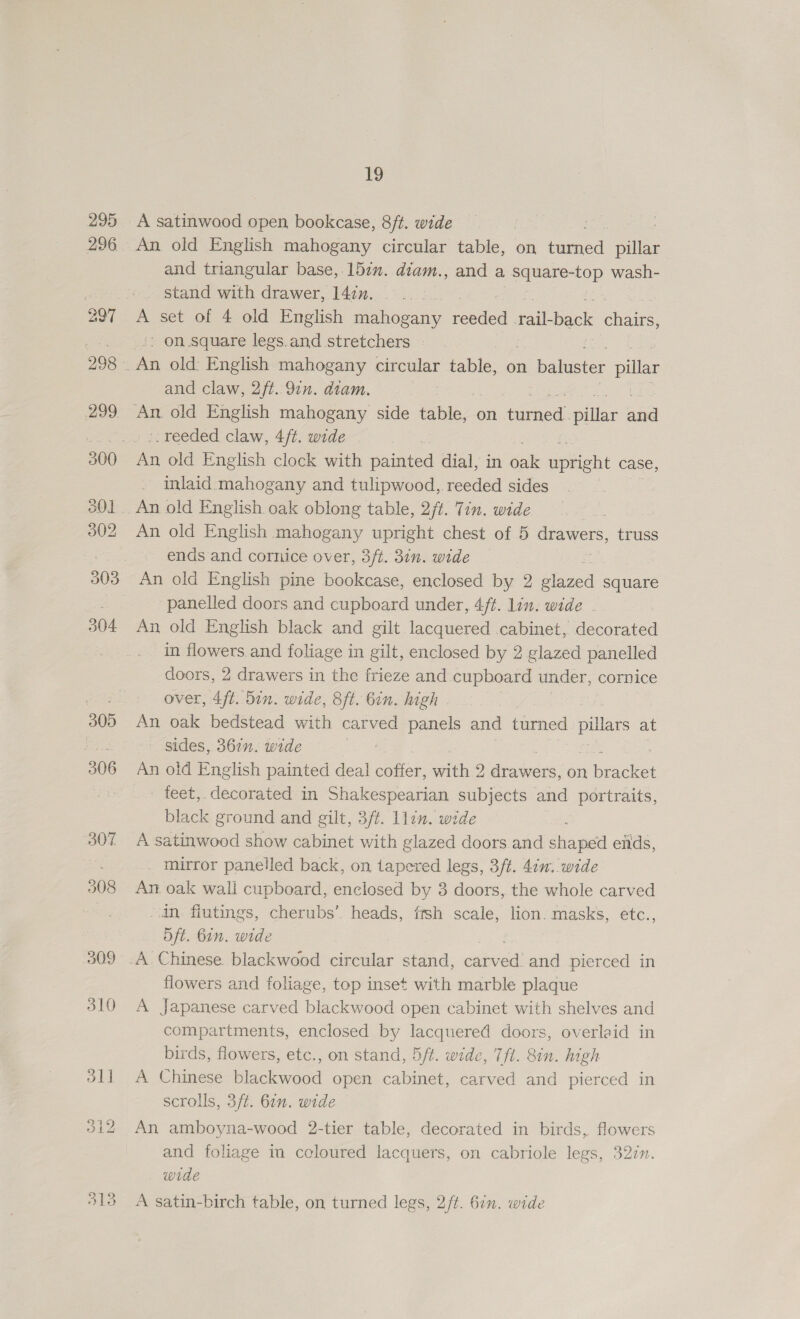 A satinwood open. bookcase, 8/t. wide and triangular base, 157. diam., and a square-top wash- stand with drawer, 142. A set of 4 old English mahogany renica on Hank chairs, - on square legs.and stretchers and claw, 2/t.. 97. diam. - reeded claw, 4ft. wide An old English clock with painted dial, in alk epichit case, inlaid.mahogany and tulipwood, reeded sides An old English mahogany upright chest of 5 drawers, truss ends and cornice over, 3ft. 31m. wide _ An old English pine bookcase, enclosed by 2 Sbaed square panelled doors and cupboard under, 4/t. lin. wide An old English black and gilt lacquered cabinet, decorated in flowers and foliage in gilt, enclosed by 2 glazed panelled doors, 2 drawers in the frieze and cupboard under, cornice over, 4/t. din. wide, 8ft. Gin. high An oak bedstead with carved panels and turned Zoe at sides, 362n. wide | An oid English painted deal coffer, with 2 drawers, on Grek feet, decorated in Shakespearian subjects and portraits, black ground and gilt, 3ft. llin. wide A satinwood show cabinet with glazed doors and shaped enids, _ mirror panelled back, on tapered legs, 3/ft. 4in. wide An oak wali cupboard, enclosed by 3 doors, the whole carved ..in. flutings, cherubs’. heads, fish scale, lion. masks, etc., Oft. ban. wide A Chinese blackwood circular stand, eieea and pierced in flowers and foliage, top inset with marble plaque A Japanese carved blackwood open cabinet with shelves and compartments, enclosed by lacquered doors, overlaid in birds, flowers, etc., on stand, 5ft. wide, Tf. 8in. high A Chinese blackwood open cabinet, carved and pierced in scrolls, 3/t. 62n. wide An amboyna-wood 2-tier table, decorated in birds, flowers and foliage im coloured lacquers, on cabriole legs, 32in. wide A satin-birch table, on turned legs, 2/t. 6in. wide