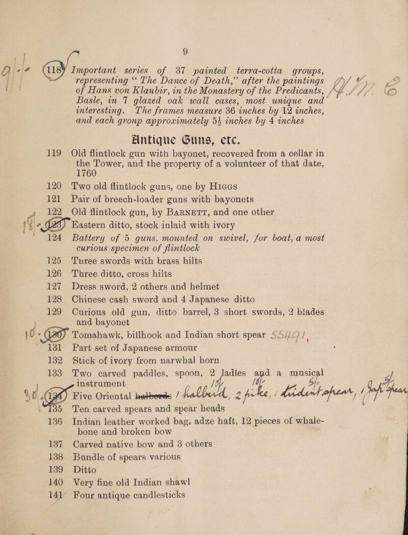 i og Yi o|4 GY tmperan serves of 37 painted terra-cotta groups, | | representing ‘‘ The Dance of Death,” after the paintings ~)/ &amp;,, aj § of Hans von Klaubir, in the Monastery of the Predicants, Ae /, Cao Basle, in 7 glazed oak wall cases, most unique and —anteresting. The frames measure 36 inches by 12 inches, and each gronp approximately 54 inches by 4 inches Elntique Guns, etc. 119 Old flintlock gun with bayonet, recovered from a cellar in _ the Tower, and the property of a volunteer of that date, 1760 120 Two old flintlock guns, one by Hices 121 Pair of breech-loader guns with bayonets » 122 Old flintlock gun, by BARNETT, and one other 9 Gy Kastern ditto, stock inlaid with ivory 124 Battery of 5 guns. mounted on swivel, for boat, a most ewrious specimen of flintiock 125 Three swords with brass hilts 126 Three ditto, cross hilts 127 Dress sword, 2 others and helmet 128 Chinese cash sword and 4 Japanese ditto 129 Curious old gun, ditto barrel, 3 short swords, 2 blades and bayonet | 10 aor Tomahawk, billhook and Indian short spear S5//c) / 131 Part set of Japanese armour 7 132 Stick of ivory from narwhal horn 133 Two carved paddles, spoon, itp adles ae a aie) instrument wo, pers Five Oriental betveres | hakbud beth a Sf i35 Ten carved spears and spear bokde. 136 Indian leather worked bag, adze haft, 12 pieces of whale- bone and broken bow 137 Carved native bow and 8 others 138 Bundle of spears various 139 Ditto 140 Very fine old Indian shaw! 141° Four antique candlesticks