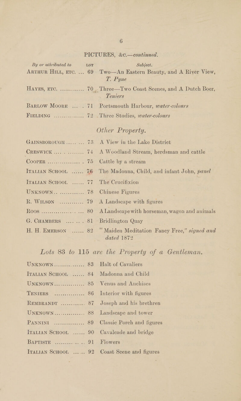 PAWS, ETC: 0. 8ex. kes BARLOW Moorr FIELDING CL eeie\ ene) (s) s)14) .9):6! 0 /eL ee: (FJAINSBOROUGH Sele) eeu) foteve ea: 1©, 50) etd) e366 @ 6 ee CRESWICK (COORORT 2. coke ok ee f ITALIAN SCHOOL cee eee eee see ee see reece e roe eee eee eee eon G. CHAMBERS H. H. EMERSON 6 69 Two—An Eastern Beauty, and A Riyer View, T. Pyne Teniers Portsmouth Harbour, water-colours . Three Studies, water-colours A View in the Lake District A Woodland Stream, herdsman and cattle Cattle by a stream The Madonna, Child, and infant John, panel The Crucifixion Chinese Figures A Landscape with figures A Landscape with horseman, wagon and animals Bridlington Quay ‘Maiden Meditation Fancy Free,” signed and dated 1872 Ce ee | eee reese e reo ses Halt of Cavaliers Madonna and Child Venus and Anchises Interior with figures Joseph and his brethren Landscape and tower Classic Porch and figures Cavalcade and bridge Flowers Coast Scene and figures