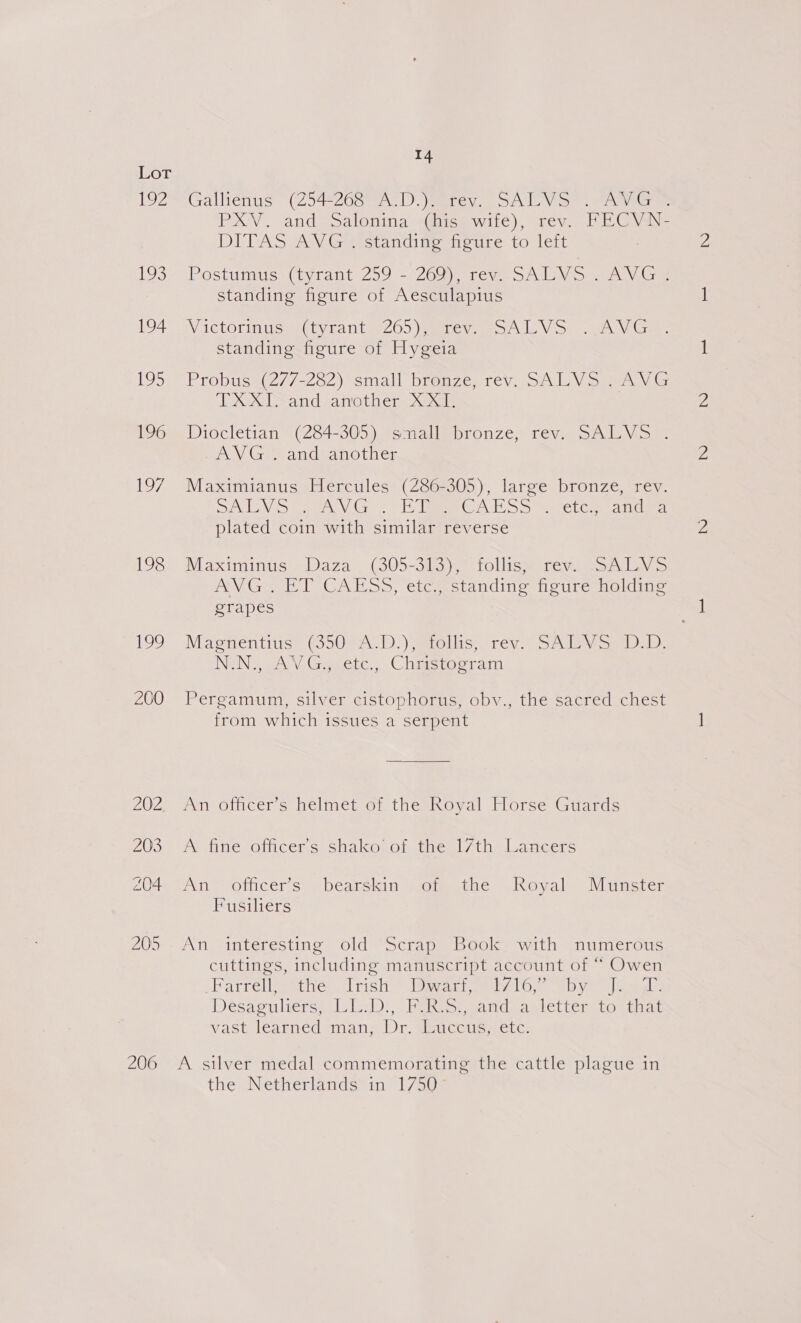 Lot 192 193 194 195 196 197 198 ee. 200 202 203 204 ZU> 206 14 Gallienus (254-2687 AD. )ieréev. SALVS . AVG™® PXV. and. salonina. (@iisewiie), rev. PECVAN- DITAS AN Giastandine feare to left Postumus (tyrant 259 - 269), rev. SALVS . AVG . standing figure of Aesculapius NV ictOriniismecty Can tae OO \emtic eee \ LE Voie ey ar standing figure of Hygeia Probus (277-282) small bremze, rev, SA LV sage G Exel and another. Xx | Diocletian (284-305) small bronze, rev. SALVS . AVG . and another Maximianus Hercules (286-305), large bronze, rev. SA UV Sea VG. Hie CALS Ss cies ance plated coin with similar reverse Maximinus -Daza. (305-313), follis= rev. SALVS PN Goo D (GAE SS, ice standin® eure oldie grapes Macnentins= (5008 A°D.) Matellisssrey.> ore lb: NEN CAN Gay ete. .Chmetogram Pergamum, silver cistophorus, obv., the sacred chest from which issues a serpent An officer's helmet of the Royal Horse Guards A fine officer's shako' of the 17th Lancers An, officers» bearskin Somethe Royal= Munster Fusiliers An interesting old Scrap Book with numerous cuttings, including manuscript account of “* Owen Parcel eethe aliish = inert aeety LOW aby) [male Désaguliers, Idd}, Puktss sand: asletter to that vast leammedemann Dr ep cotie.ecLc: A silver medal commemorating the cattle plague in the Netherlands in 1750