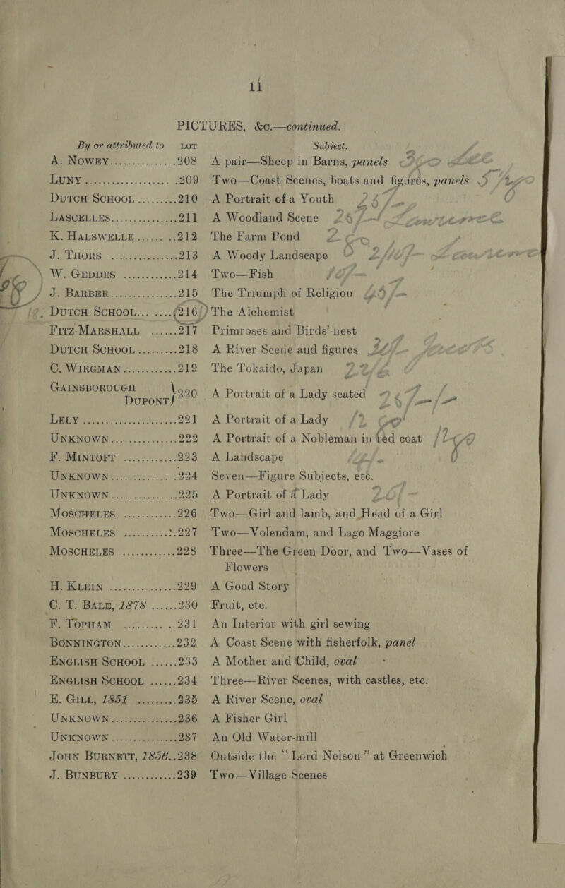 PICLURES, &amp;o¢.—continued. By or attributed to Lor Subject. OS 208 &lt;A pair—Sheep in Barns, panels ! [vk . Je 209 Two—Coast Scenes, boats and figures, panels ia Ug DutcH SCHOOL......... 210 A Portrait of a Youth PA rae Je : PeORCLES 1.05: 2: sch 211 A Woodland Scene 24 /.~/ Cas tg K. HALSWELLE...... .. 212 TheFarm Pond 2 Cx Memes: LHORS ...). kes sop nas 213 A Woody Landscape O ee U fo he Cote Yeowt' Be \ W. Geppes ooos. sss. O14 sty Wiel 7 es 44 P, ARR So. 215 The Triumph of Religion 44%) “=&gt; DutcoH SCHOOL... .... (216!) The Aichemist FirZ-MARSHALL ..... 7 Primroses and Birds’-nest TECH SCHOOL ...../ 02. 218 &lt;A River Scene and figures oy, PV IRGMAN |... 000 9.0055 219 The Tokaido, Japan : &gt; 2S gaa eat a A Portrait of a Lady seated 7 i p PROT cui. Re y.y 221 A Portrait ofaLady (2 Cag! . MIEN ONO yhoo ees 222 A Portrait of a Nobleman in ted coat / l // Pe IMINTORT. fois. 223 A Landscape (ap i} UNKNOWN ............. 224 Seven—Figure Subjects, ete. TINKNOWN ......---.--600 225 &lt;A Portrait of a Lady p MOSCHELES ............ 226 ‘T’wo—Girl and lamb, and_Head of a Girl MOSCHELES ........:. ‘227 Two—Volendam, and Lago Maggiore DIOSCHELES ........-... 228 Three—The Green Door, and Two—Vases of Flowers WPM AIM oe os 5. cose a 229 A Good Story Rt. GAGE, 1878. ...... 230 Fruit, etc. See OPH AM ©) .7055.,. .. 231 An Interior with girl sewing BONNINGTON............ 232 &lt;A Coast Scene with fisherfolk, panel ENGLISH SCHOOL ...... 233 A Mother and Child, oval ENGLISH SCHOOL ...... 234 Three—River Scenes, with castles, etc. E.. GIDE Sea. 935 &lt;A River Scene, oval UNKNOWN tive 236 A Fisher Girl UNKNOWD . 2:1) crane 237 An Old Water-mill | JOHN BurRNETT, 1856..238 Outside the “ Lord Nelson ” at Greenwich J. BUNBURY 22k 239 Two—Village Scenes  ~ dpe NO