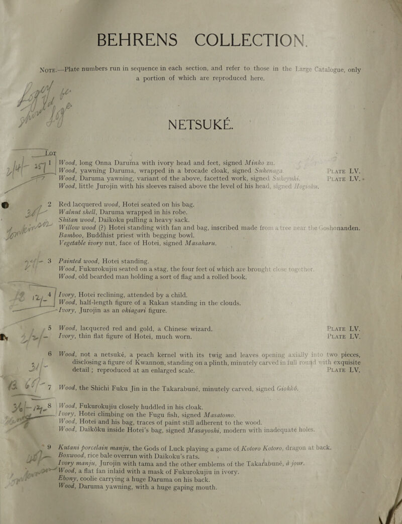 ‘BEHRENS COLLECTION. Nore.—Plate numbers run in sequence in each section, and refer to those in the Large Catalogue, only a portion of which are reproduced here. yv al NETSUKE. h a a7 1 | Wood, long Onna Daruma with ivory head and feet, signed Minko zu. i Y| | Wood, yawning Daruma, wrapped in a brocade cloak, signed Sukenav. PLATE eye : Wood, Daruma yawning, variant of the above, facetted work, signed Sivvyuiy PLATE LV.* —_ Wood, little Jurojin with his sleeves raised above the level of his head, signed Hogiohu. , 2 Red lacquered wood, Hotei seated on his bag. uf Walnut shell, Daruma wrapped in his robe. Shitan wood, Daikoku pulling a heavy sack. f pr” *~ Willow wood (?) Hotei standing with fan and bag, inscribed made from a tree near the (oshonanden. be Bamboo, Buddhist priest with begging bowl. Vegetable ivory nut, face of Hotei, signed Masaharu. a of — 3 Painted wood, Hotei standing. Wood, Fukurokujiu seated on a stag, the four feet of which are brought c/ Wood, old bearded man holding a sort of flag and a rolled book. iG 2 4 | Ivory, Hotei reclining, attended by a child. &gt; ~_| Wood, half-length figure of a Rakan standing in the clouds. —~ Ivory, Jurojin as an oktagari figure. ES - »9S Wood, lacquered red and gold, a Chinese wizard. PLATES 2, 4, 2/- Ivory, thin flat figure of Hotei, much worn. PLATE EVa 6 Wood, not a netsuké, a peach kernel with its twig and leaves opening axially into two pieces, 4 ‘* disclosing a figure of Kwannon, standing ona plinth, minutely carved in full round with exquisite A | detail ; reproduced at an enlarged scale. PLATE LV. K |» 3, Ge 7 Wood, the Shichi Fuku Jin in the Takarabuné, minutely carved, signed Giokkd. He a (428 Wood, Fukurokujiu closely huddled in his cloak. . . Ivory, Hotei climbing on the Fugu fish, signed Masatomo. thf Wood, Hotei and his bag, traces of paint still adherent to the wood. Wood, Daikdéku inside Hotei’s bag, signed Masayoshi, modern with inadequate holes. a 9 Kutani porcelain manju, the Gods of Luck playing a game of Kotoro Kotoro, dragon at back. Bb/- Boxwood, rice bale overrun with Daikoku’s rats. 4 Ivory manju, Jurojin with tama and the other emblems of the Takarabuné, d@ jour. Dye? Wood, 4 flat fan inlaid with a mask of Fukurokujiu in ivory. JF Ebony, coolie carrying a huge Daruma on his back. Wood, Daruma yawning, with a huge gaping mouth. “ha H 