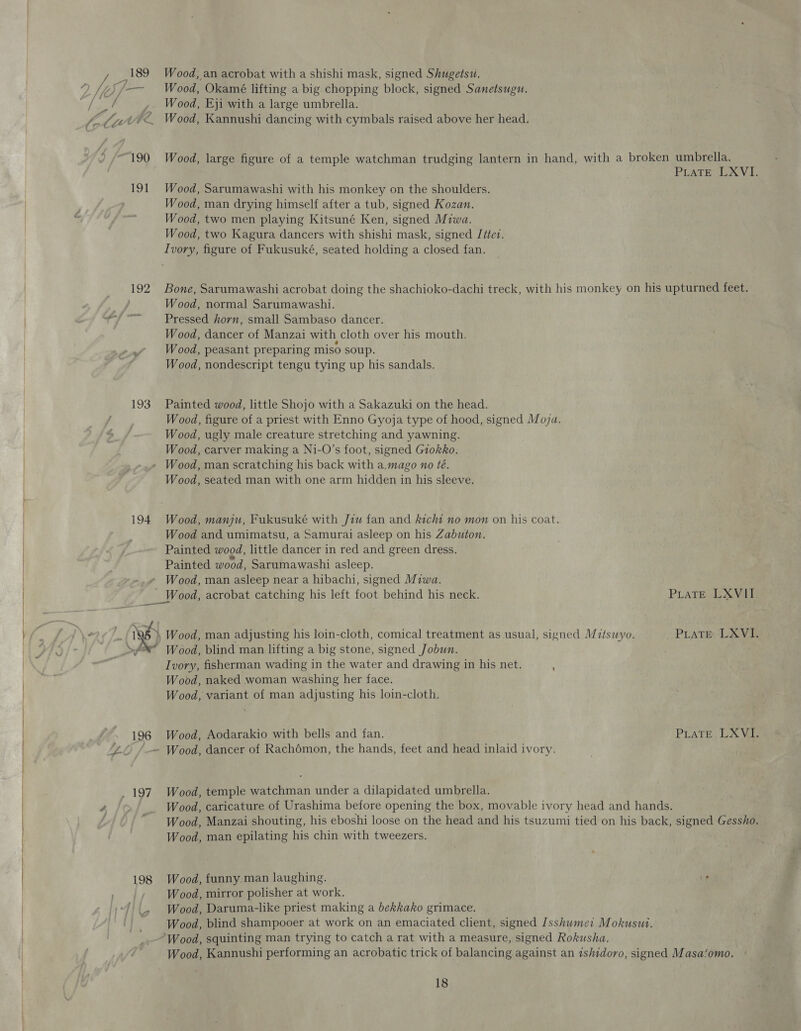    192 193 Wood, an acrobat with a shishi mask, signed Shugetsw. Wood, Okamé lifting a big chopping block, signed Sanetsugu. Wood, Eji with a large umbrella. Wood, Kannushi dancing with cymbals raised above her head. Wood, large figure of a temple watchman trudging lantern in hand, with a broken umbrella. PLATE LXVI. Wood, Sarumawashi with his monkey on the shoulders. Wood, man drying himself after a tub, signed Kozan. Wood, two men playing Kitsuné Ken, signed Miwa. Wood, two Kagura dancers with shishi mask, signed Jitet. Bone, Sarumawashi acrobat doing the shachioko-dachi treck, with his monkey on his upturned feet. Wood, normal Sarumawashi. Pressed horn, small Sambaso dancer. Wood, dancer of Manzai with cloth over his mouth. Wood, peasant preparing miso soup. Wood, nondescript tengu tying up his sandals. Painted wood, little Shojo with a Sakazuki on the head. W ood, figure of a priest with Enno Gyoja type of hood, signed Moja. Wood, ugly male creature stretching and yawning. Wood, carver making a Ni-O’s foot, signed Giokko. 194 Wood, seated man with one arm hidden in his sleeve. Wood, manju, Fukusuké with Jiu fan and kicht no mon on his coat. Wood and umimatsu, a Samurai asleep on his Zabuton. Painted wood, little dancer in red and green dress. Painted wood, Sarumawashi asleep. \ iy \ Ae? 196 koe 198 Wood, acrobat catching his left foot behind his neck. PLATE LXVII. Wood, man adjusting his loin-cloth, comical treatment as usual, signed Mitswyo. PLATE LXVI. Wood, blind man lifting a big stone, signed Jobun. Ivory, fisherman wading in the water and drawing in his net. Wood, naked woman washing her face. Wood, variant of man adjusting his loin-cloth. Wood, Aodarakio with bells and fan. PLATE, LXVI. Wood, temple watchman under a dilapidated umbrella. Wood, caricature of Urashima before opening the box, movable ivory head and hands. Wood, Manzai shouting, his eboshi loose on the head and his tsuzumi tied on his back, signed Gessho. Wood, man epilating his chin with tweezers. Wood, funny man laughing. Wood, mirror polisher at work. Wood, Daruma-like priest making a bekkako grimace. Wood, blind shampooer at work on an emaciated client, signed Jsshumei Mokusut. Wood, Kannushi performing an acrobatic trick of balancing against an ishidoro, signed Masa‘omo.