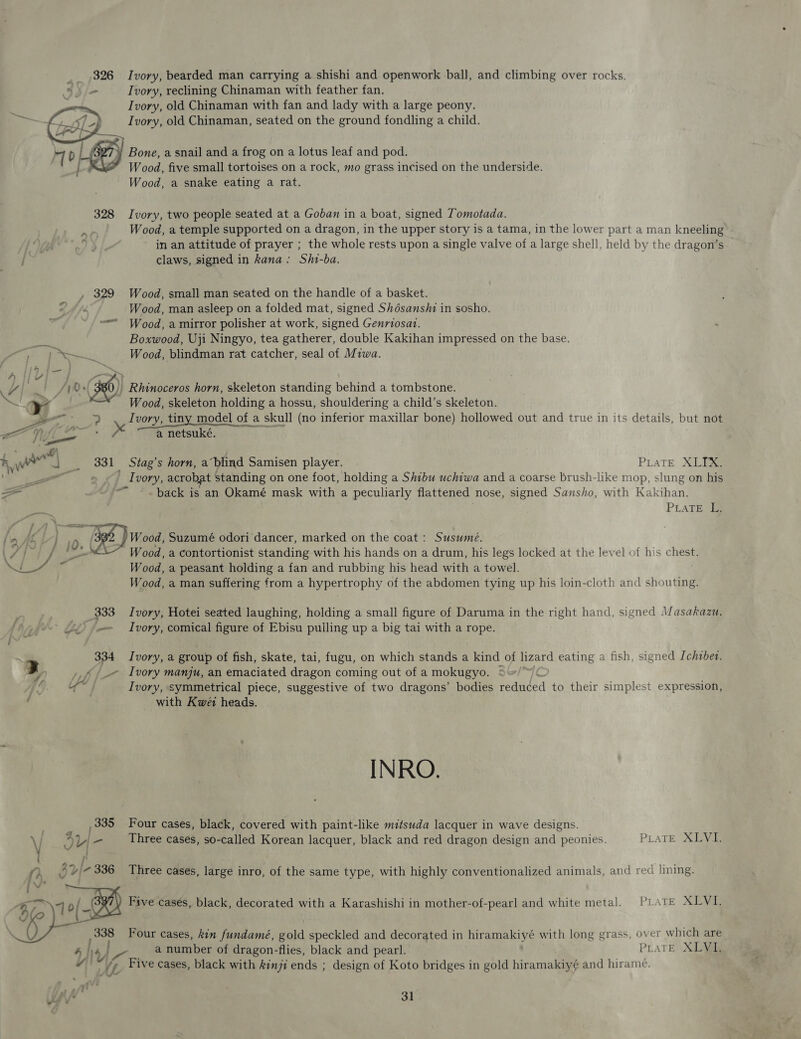 326 Ivory, bearded man carrying a shishi and openwork ball, and climbing over rocks. - Ivory, reclining Chinaman with feather fan. Ivory, old Chinaman with fan and lady with a large peony. Ivory, old Chinaman, seated on the ground fondling a child. ¥ Bone, a snail and a frog on a lotus leaf and pod. Wood, five small tortoises on a rock, mo grass incised on the underside. Wood, a snake eating a rat.  328 Ivory, two people seated at a Goban in a boat, signed Tomotada. Wood, a temple supported on a dragon, in the upper story is a tama, in the lower part a man kneeling ly” iy» in an attitude of prayer ; the whole rests upon a single valve of a large shell, held by the dragon’s ab claws, signed in kana: Shi-ba. &lt; , 329 Wood, small man seated on the handle of a basket. fd Wood, man asleep on a folded mat, signed Shésansii in sosho. =“ Wood, a mirror polisher at work, signed Genriosat. Boxwood, Uji Ningyo, tea gatherer, double Kakihan impressed on the base. ‘hie &lt;a Wood, blindman rat catcher, seal of Miwa. V4 ; 0» 380 | Rhinoceros horn, skeleton standing behind a tombstone. slg YY | Wood, skeleton holding a hossu, shouldering a child’s skeleton. v2 mow, gees tiny model of a skull (no inferior maxillar bone) hollowed out and true in its details, but not a netsuké. A we 4 __ $831 Stag’s horn, ablind Samisen player. PLaTE XLIX. ae, ' Ivory, acrobat standing on one foot, holding a Shibu uchiwa and a coarse brush-like mop, slung on his al ~~) ~~ back is an Okamé mask with a peculiarly flattened nose, signed Sansho, with Kattan PLATE dg fe AL L-] Wood, Suzumé odori dancer, marked on the coat: Susume. C4 ke iF ho Wood, a contortionist standing with his hands on a drum, his legs locked at the level of his chest. Oi al Wood, a peasant holding a fan and rubbing his head with a towel. Wood, a man suffering from a hypertrophy of the abdomen tying up his loin-cloth and shouting. _ 333 Ivory, Hotei seated laughing, holding a small figure of Daruma in the right hand, signed Masakazu. --- Ivory, comical figure of Ebisu pulling up a big tai with a rope. 334 Ivory,a group of fish, skate, tai, fugu, on which stands a kind of lizard eating a fish, signed Ichibet. z », 6) Ivory manju, an emaciated dragon coming out of a mokugyo, © i hy, tft / Ivory, symmetrical piece, suggestive of two dragons’ bodies reduced to their simplest expression, ‘ with Kwé: heads. INRO. 335 Four cases, black, covered with paint-like mitsuda lacquer in wave designs. au - Three cases, so-called Korean lacquer, black and red dragon design and peonies. PLATE XLVI. ‘ 7k a eae r/- 336 Three cases, large inro, of the same type, with highly conventionalized animals, and red lining. Five casés, black, decorated with a Karashishi in mother-of-pearl and white metal. PLATE XLVI. Four cases, kin fundameé, gold speckled and decorated in hiramakiyé with long grass, over which are a number of dragon-flies, black and pearl. PLATE XLVG ¥ ly iL Five cases, black with kinji ends ; design of Koto bridges in gold hiramakiyé and hirame. 