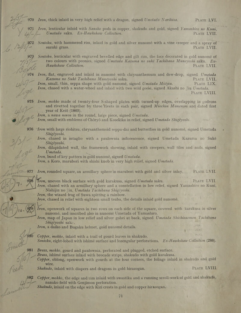 yh 2, ©. 970 Tron, thick inlaid in very high relief with a dragon, signed Umetada Narthisa. PLATE LVI. AL-Z oY a7} Iron, lenticular inlaid with Sansho pods in copper, shakudo and gold, signed Yamashivo no Kuni, V L4/ “a im Umetada saku. Ex-Hawkshaw Collection. PLATE LVII. Ks 972 Sentoku, with hammered rim, inlaid in gold and silver nunomé with a vine creeper and a spray of ee | Lofll/- suzuki grass. | | | Prate LVII. Ps f 973 Sentoku, lenticular with engraved bevelled edge and gilt rim, the face decorated in gold nunomé of 15 fo two colours with peonies, signed Umetada Kazuma no suké Tachibana Muneyoshi saku. Ex- oF 3 (é Hawkshaw Collection. PLATE LVII. /974 Iron, flat, engraved and inlaid in nunomé with chrysanthemum and dew-drop, signed Umetada pups Kazuma no Suké Tachibana Muneyoshi saku. : Pirate LVII. Lyles Iron, small, thin, seppa shape with gold nunomé, signed Umetada Mi6jiu. PLaTE LIX, '» _, Iron, chased with a water-wheel and inlaid with two wild geese, signed Akashi no Jiu Umetada. LOG Pate LVIII. 975 Iron, mokko made of twenty-four S-shaped plates with turned-up edges, overlapping in godrons ee, L- and rivetted together by three ‘rivets in each pair, signed Miochin Munenori and dated first Ly 0 year of Keid (1865). / » —_ » Iron, a nawa noren in the round, large piece, signed Umetada. =) Jo A Iron, small with emblems of Chéry6 and Kosekiko in relief, signed Umetada Shigéyoshv. 976 ‘Iron with large riohitsu, chrysanthemoid seppa-dai and butterflies in gold nunomé, signed Umetada Shigéyoshi. /, /_- Iron, chased in intaglio with a paulownia inflorescence, signed Umetada Kazuma no Suké 3/ ai Shigéyoshi. we _ Iron, dilapidated wall, the framework showing, inlaid with creepers, wall tiles and nails, signed a a Umetada. ef Iron, band of key pattern in ‘pold nunomé, signed Umetada. Ivon, a Koro, marubori with shishi knob in very high relief, signed Umetada.  Iron, rounded square, an armillary sphere in marubori with gold and silver inlay. PLATE LVIL. au uneven black surface with gold karakusa, signed Umetada saku. 1; ~RLATE LVIG Iron, chased with an armillary sphere and a constellation in low relief, signed Yamashiro no Kuni, - Nishijin no }iu, Umetada Tachibana Shigéyoshi. Iron, the wizard “frog of Suwa spitting a rainbow. Iron, Stay in relief with eighteen small Mae the details inlaid gold nunomé. Iron, openwork of squares in two rows on each side of the square, covered with Karalkusa in silver nunomé, and inscribed also in nunomé Umetada of Yamashiro. Iron, map of Japan in low relief and silver gohei at back, signed Umetada Shichtzaemon , Tachibana Shigéyosht saki. Ivon, a daiko and Bugaku helmet, gold nunomé details. 3/ 80 Copper, mokko, inlaid with a trail of gourd leaves in shakudo. | aft Sentoku, eight-lobed with ishimé surface and lozengular perforations. Ex-Hawkshaw Collection (288). — Be 981 Brass, mokko, ‘gourd and Ra aah, perforated and plugged, etched surface. / (]- Brass, ishimé surface inlaid with brocade strips, shakudo with gold karakusa. /k Copper, oblong, openwork with gourds at the four corners, the foliage inlaid in shakudo. and gold wire, Kt m Shakudo, inlaid with diapers and dragons in gold hirazogan. PraTE LVIII. 982 Copper, mokko, the edge and rim inlaid with swastika and a running scroll-work of gold and shakudo, —/— nanako field with Genjimon perforation. pir Shakudo, inlaid on the edge with Kiri crests in gold and copper hirazogan. :