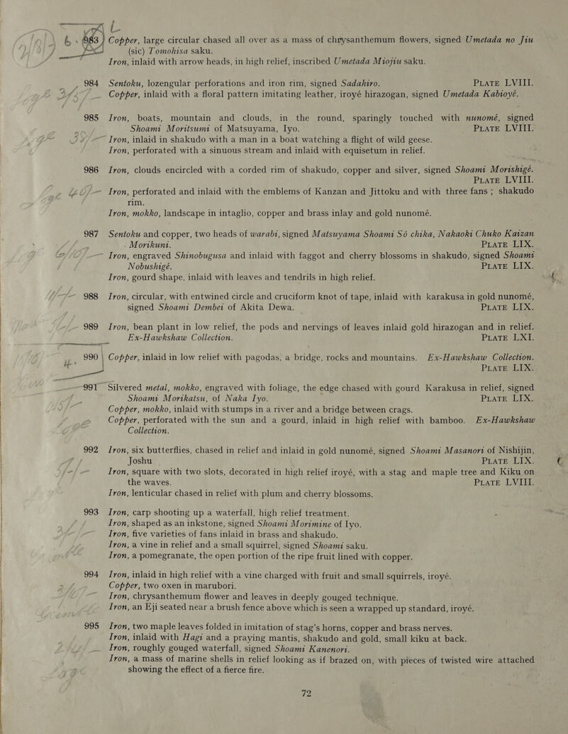  &amp; » 683 _, 984 Sentoku, lozengular perforations and iron rim, signed Sadahiro. Pirate LVIII. Ye Copper, inlaid with a floral pattern imitating leather, iroyé hirazogan, signed Umetada Kabtovée. 985 Iron, boats, mountain and clouds, in the round, sparingly touched with nunomé, signed Shoamt Moritsumt of Matsuyama, lyo. PLATE ZV I1t- ~ Iron, inlaid in shakudo with a man in a boat watching a flight of wild geese. Iron, perforated with a sinuous stream and inlaid with equisetum in relief. 986 Iron, clouds encircled with a corded rim of shakudo, copper and silver, signed Shoamt Mortshigé. PraTE LVIII. A - Tron, perforated and inlaid with the emblems of Kanzan and Jittoku and with three fans ; shakudo rim. Iron, mokko, landscape in intaglio, copper and brass inlay and gold nunomé. 987 Sentoku and copper, two heads of warabi, signed Matsuyama Shoami Sé chika, Nakaoki Chuko Katzan . Mortkuna. PLATE LIX. : ~ Ivon, engraved Shinobugusa and inlaid with faggot and cherry blossoms in shakudo, signed Shoamt Nobushigé. PATEL LIX: Iron, gourd shape, inlaid with leaves and tendrils in high relief. — 988 Iron, circular, with entwined circle and cruciform knot of tape, inlaid with karakusa in gold nunomé, signed Shoamt Dembet of Akita Dewa. _ PratTE LIX: - 989 Iron, bean plant in low relief, the pods and nervings of leaves inlaid gold hirazogan and in relief. UA Bye Ex-Hawkshaw Collection. PLATE deo: yb 990 | Copper, inlaid in low relief with pagodas, a bridge, rocks and mountains. Ex-Hawkshaw Collection. C pee PLaTE LIX. 991 Silvered metal, mokko, engraved with foliage, the edge chased with gourd Karakusa in relief, signed Shoamt Mortkatsu, of Naka Iyo. PiaTE LIX. Copper, mokko, inlaid with stumps in a river and a bridge between crags. Copper, perforated with the sun and a gourd, inlaid in high relief with bamboo. Ex-Hawkshaw Collection. 992 Iron, six butterflies, chased in relief and inlaid in gold nunomé, signed Shoamt Masanori of Nishijin, Joshu PLATE LIX. Iron, square with two slots, decorated in high relief iroyé, with a stag and maple tree and Kiku on the waves. PLaTE LVIII. Iron, lenticular chased in relief with plum and cherry blossoms. 993 Iron, carp shooting up a waterfall, high relief treatment. Iron, shaped as an inkstone, signed Shoami Morimine of Iyo. Tron, five varieties of fans inlaid in brass and shakudo. Iron, a vine in relief and a small squirrel, signed Shoami saku. Iron, a pomegranate, the open portion of the ripe fruit lined with copper. 994 Tron, inlaid in high relief with a vine charged with fruit and small squirrels, iroyé. Copper, two oxen in marubori. Iron, chrysanthemum flower and leaves in deeply gouged technique. Iron, an Eji seated near a brush fence above which is seen a wrapped up standard, iroyé. 995 Copper, large circular chased all over as a mass of chrysanthemum flowers, signed Umetada no Jiu (sic) Tomohisa saku. Tron, inlaid with arrow heads, in high relief, inscribed Umetada Mioj1u saku. Iron, two maple leaves folded in imitation of stag’s horns, copper and brass nerves. Tron, inlaid with Hagi and a praying mantis, shakudo and gold, small kiku at back. Iron, roughly gouged waterfall, signed Shoami Kanenort. Iron, a mass of marine shells in relief looking as if brazed on, with pieces of twisted wire attached showing the effect of a fierce fire.