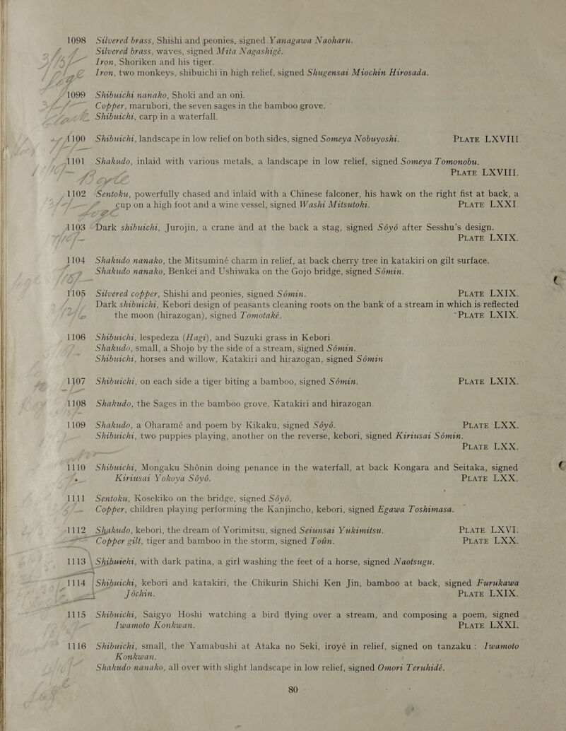  Silvered brass, waves, signed Mita Nagashigé. —— Tvon, Shoriken and his tiger. Tvon, two monkeys, shibuichi in high relief, signed Shugensai Miochin Hirosada. _ Copper, marubori, the seven sages in the bamboo grove. ° _ Shibuicht, carp in a waterfall. rA ve Shibuicht, landscape in low relief on both sides, signed Someya Nobuyoshi. PLaTE LXVIII. 4101 eta inlaid with various metals, a landscape in low relief, signed Someva Tomonobu. , 1102 Sentoku, powerfully chased and inlaid with a Chinese falconer, his hawk on the right fist at back, a “/_— “Cup ona high foot and a wine vessel, signed Washt Mitsutokt. PLATE) LANE 1103 ~Dark shibuichi, Jurojin, a crane and at the back a stag, signed Sdy6 after Sesshu’s design. i PLATE LXIX. 1104 Shakudo nanako, the Mitsuminé charm in relief, at back cherry tree in katakiri on gilt surface. Shakudo nanako, Benkei and Ushiwaka on the Gojo bridge, signed Sdémin. 1105 Silvered copper, Shishi and peonies, signed Sémin. PLATE LXIX. Dark shibuicht, Kebori design of peasants cleaning roots on n the bank of a stream in which is reflected the moon (hirazogan), signed Tomotaké. “PLATE LXIX. 1106 Shibuichi, lespedeza (Hagi), and Suzuki grass in Kebori Shakudo, small, a Shojo by the side of a stream, signed Sdmin. Shibuicha, horses and willow, Katakiri and hirazogan, signed Sémin 1107 Shibuichi, on each side a tiger biting a bamboo, signed Sdémin. PLaTE LXIX. 1108 Shakudo, the Sages in the bamboo grove, Katakiri and hirazogan. 1109 Shakudo, a Oharamé and poem by Kikaku, signed Séyo. PLATE LXX. Shibuichi, two puppies playing, another on the reverse, kebori, signed Kiriusat Somin. PratEe Dxsx 1110 Shibwicht, Mongaku Shonin doing penance in the waterfall, at back Kongara and Seitaka, signed . Kiriusat Yokoya Soyo. PLATE LXX. 1111 Sentoku, Kosekiko on the bridge, signed Séyo. Copper, children playing performing the Kanjincho, kebori, signed Egawa Toshimasa. 1112 Shakudo, kebori, the dream of Yorimitsu, signed Setunsat Yukimitsu. PLaTE LXVI. 2 = Copper gilt, tiger and bamboo in the storm, signed Totin. PLATE LXX. 1113 \ Shibuiehi, with dark patina, a girl washing the feet of a horse, signed Naotsugu. | gee J ochin. PLATE LXIX. 1115 Shibuicht, Saigyo Hoshi watching a bird flying over a stream, and composing a poem, signed Iwamoto Konkwan. PraTE LXXI. 1116 Shibuicht, small, the Yamabushi at Ataka no Seki, iroyé in relief, signed on tanzaku: Iwamoto Konkwan. Shakudo nanako, all over Math slight landscape in low relief, signed Omori Teruhidé.
