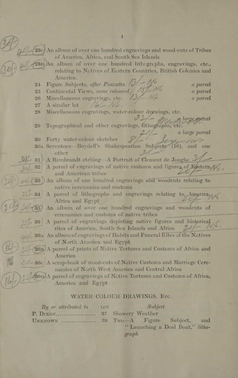+   a Va /_-(28¢ An album of over one hundred engravings and wood- cuts of Tribes of America, Africa, and South Sea Islands. ca Pp ip 3D//An album of over one hundred lithcgrephs, engravings, ete., LID J O}4 a relating to Natives of Eastern Countries, British Colonies and oa America. 3 / 24 Figure Subjects, after Piazzetta i oy Zi is a parcel 25 Continental Views, some coloured / (SZ- WS a parcel 26 Miscellaneous engravings, ete. 72 - VS. a parcel 27 A similar lot Vial h Ws / 28 Miscellaneous engravings, water-colour peau 5 Cle: lessee 29 Topographical and other engravings, litho Vi hal ete. . heap a large parcel 30 Forty water-colour sketches SL pre Cee Dr 304 Seventeen—Boydell’s Shakespearian phe on (16), and one other vA ——' U INC 31 } A Rembrandt etching—A Portrait of Clement de Jonghe ae 82 | A parcel of engravings of native customs and ace | and American tribes 0/4 83 | ') An album of one hundred engravings aid woodcuts s relating to native ceremonies and customs ——_—_—_--—— ~ B4 A parcel of lithographs and engravings relating to 2 rica, AW q a % | Africa and Egypt Zee ( a WA J oY @ An album of over one hundred engravings and vy of ceremonies and customs of native tribes —_ —— of 36 A parcel of engravings depicting native figures | hae his aa AG pean sane rites of America, South Sea Islands and Africa .»/. 864 An album of engravings of Habits and Funeral Rites of the 24 Natives  7  ATi — of North America and Egypt ( (6/77 9: (86x) A parcel of prints of Native Tortures and Customs of Africa and alll ll ; America % win 36c A scrap-book of wood-cuts of Native Customs and Marriage Cere- 7 monies of North West America and Central Africa ‘Y (Cz ‘&amp;sv) 6p/A parcel of engravings of Native Tortures and Customs of Africa, ( America and Egypt WATER COLOUR DRAWINGS, Erc. By or attributed to LOT Subject Be ITN ois cans ce veces ane 37 Showery Weather MINIONAI NS issn con +> ss 88 Two—A Figure Subject, and ‘** Launching a Deal Boat,” litho- graph