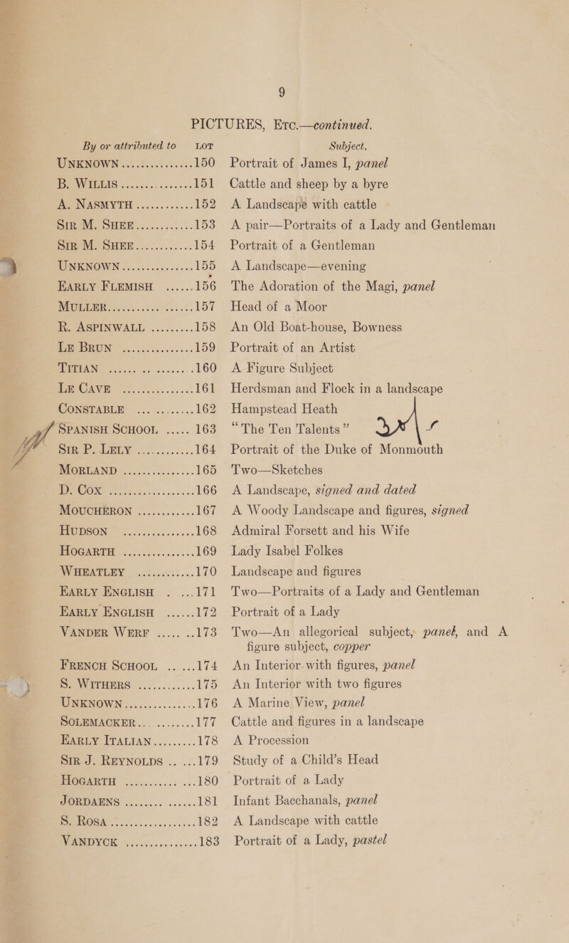  By or attributed to LOT WNENOWN 11. Pisses 5. 0is 150 Pp MNS ciyccc 2s 000 Pl PEONSSMOVTH ..25........ 152 Bikey DHE... .0..2.5.153 Din MeSHER............ 154 DOMRNOWN 4.6.5 c005-54 0% 159 EARLY FLEMISH ...... 156 NID cada tii .d, 157 Re 2SPINWALL ......... 158 PRIN aches ds casas 159 LSS 160 POV eS. huts vee ok 161 CONSTABLE .162 # SPANISH SCHOOL ..... 163 ORE hy. ..,..... 164 POOR PINNUD: 5005... 000.0.00. 165 3D 166 REOUCHERON |........&gt;.. 167 MOONS | oc. iss oss cess 168 PROCART Hc; . sso... sees. 169 BVHEATUBY cheers... 170 EARLY ENGLISH eit EARLY ENGLISH ...... 172 VANDER WERE ..... .. 173 FRENCH SCHOOL ...... 174 Pee MEHBES ...,........ 1 WONEGNOWN &lt;............. 176 BOEUMACKER...-........ Was WARLY ITALIAN......... 178 Sir J. REYNOLDS .. ...179 PEOGARTH |. ........5 .:. 180 PORDABNS 22.0... 50000 181 o. LACS ne 182 WROVOR 50s... +0000 183 Subject. Portrait of James I, panel Cattle and sheep by a byre A Landscape with cattle A pair—Portraits of a Lady and Gentleman Portrait of a Gentleman A Landscape—evening The Adoration of the Magi, panel Head of a Moor An Old Boat-house, Bowness Portrait of an Artist A Figure Subject Herdsman and Flock in a landscape Hampstead Heath “The Ten Talents” a Portrait of the Duke of Monmouth Two—Sketches A Landscape, stgned and dated A Woody Landscape and figures, signed Admiral Forsett and his Wife Lady Isabel Folkes Landscape and figures Two—Portraits of a Lady and Gentleman Portrait of a Lady Two—An allegorical subject, pane, and A figure subject, copper An Interior. with figures, panel An Interior with two figures A Marine. View, panel Cattle and figures in a landscape A Procession Study of a Child’s Head Infant Bacchanals, panel A Landscape with cattle Portrait of a Lady, pastel