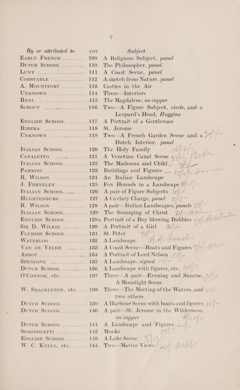 =) By or attributed to LOT Subject Pane WRENG@HO.. 0. 0..020... 109 A Religious Subject, panel Deere SCHOO, Flos... 110 The Philosopher, panel RNG Bins eager tO, pe: ... 111 A Coast Scene, panel CONSTABLE Fe Govan t 54). 112 Asketch from Nature, panel Ae MOU NER ORT 52 atals. 113 Castles in the Air MINE NOWN GU access 114 Three—Interiors sf a Dtt atahel 115 The Magdalene, on copper BOHOU TY sh per yhu cate Ae tee 116 Two—A Figure Subject, circle, and a Leopard’s Head, Huggins ENGLISH SCHOOL ............ 117 A Portrait of a Gentleman EER IO cater. Cou deat) 118. St.: Jerome , NOG RIN WING cet hac stata ate cue 119 Two—A French Garden Scene and a Mo 8 i, Dutch Interior, panel — | ITALIAN SCHOOL................ 120 The Holy Family Urill—- ; CANAL EEO 27S S58 Sint 121 A Venetian Canal Scene 44/.. | UA IRADIAN SCHOOL. 06 socsccs! 122 The Madonna and Child ae | 3 fn bce PONININE ee oh 123 Buildings and Figures ;' tf PL PVIEESOIN 0525.4. Sc Shas: 124 An Italian Landscape ha a Fed Sh 7 a 125 Fox Hounds in a Landscape yf T PAG TAN SCHOO, 05.0 20:4. 126 A pair of Figure Subjects 2y/)~ PIUIGHT ENB URE.) .23.5./402 127 A Cavlary Charge, panel | Bee VV ISON apie) oat ce 128 A pair—lItalian Landscapes, panels ‘ PPAUIAN SCHOOL <..3/ 450. 129 The Scourging of Christ 7yf— yt ENGLISH SCHOOL ............ 1294 Portrait of a Boy blowing Bubbles nif har Si DVRs ces ed 1380 A Portrait of a Girl 3 FLEMISH SCHOOL ....... 2 PSk) St. Peter 4 i BVAEEREOO. ....80 54 cute 132 A Landscape RANE EN WDB 22.55. /ds-. 133 A Coast seche Boats and Figures ‘ ETCH MS ie a ce ee 134 A Portrait of Lord Nelson SEUNMOVE. -.0.... oeaeeiee: 1385 A Landscape, signed Durch SCHOO Lye .s...6as5: 136 A Landscape with figures, etc. OF CONNOR,ebe@. 10... RG 137 Three—A pair—Evening and ini. A Moonlight Scene W. SHACKLETON, etc. .... 138 Three—The Meeting of the Waters, and two others Dutcu ScHooL Dvuten ScHo0ews.....i5/40..4 140 A pair—St. Jerome in the Wilderness, on copper C DUPCHISCHOOR, 282042545. 141 <A Landscape and es by DPAGNGEEOTI bei) fe. 2 0): 142. Monks ; ENGLISH SCHOOL ............ 148. ALakeScene ‘| Wer Ce INET CbBer vscccky 144. Two—Marine Views