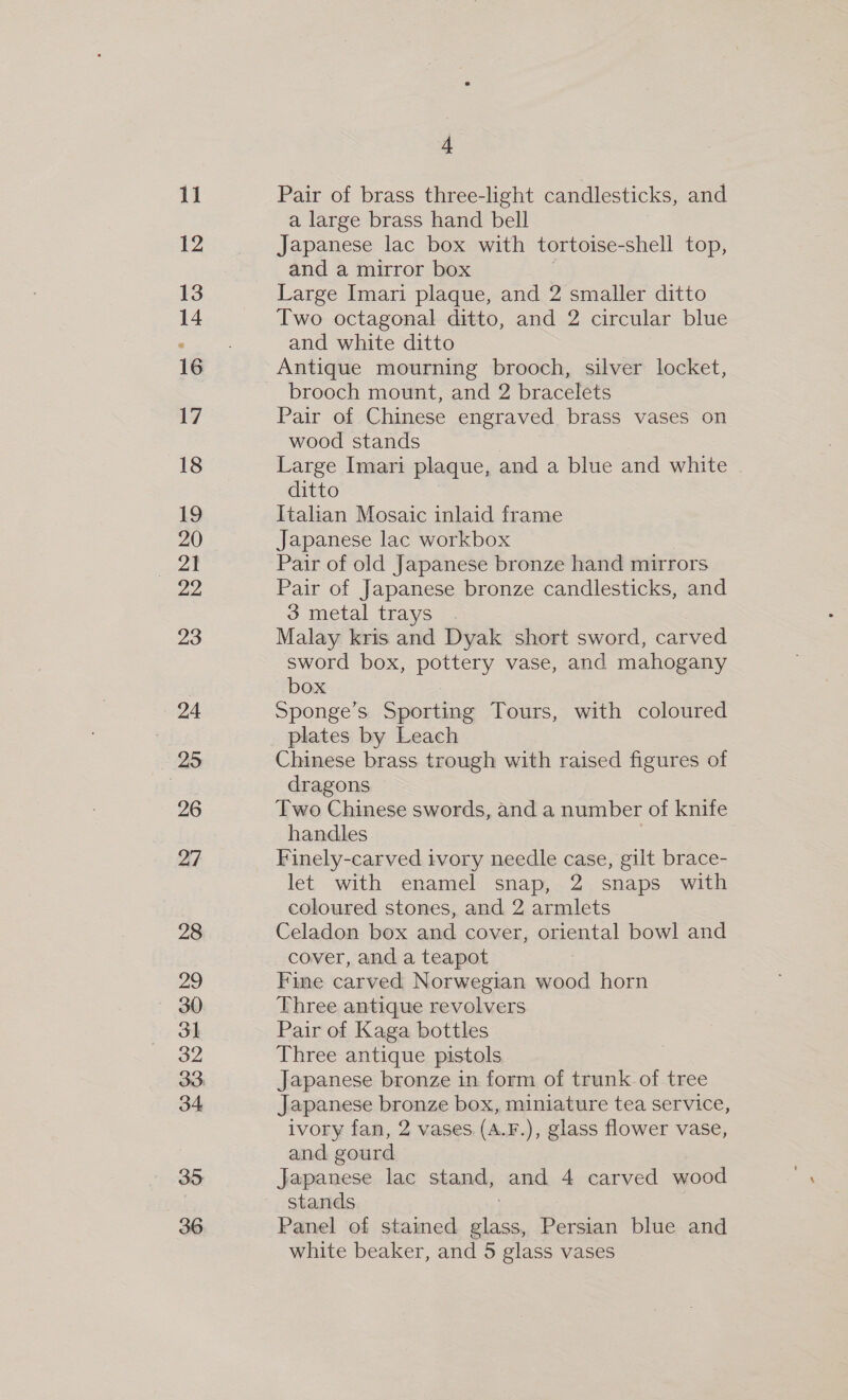 12 13 14 16 17 18 19 20 a, 99 23 24 | | 25 26 27 28 29 30 3] 32 34 35: 36 4 Pair of brass three-light candlesticks, and a large brass hand bell Japanese lac box with tortoise-shell top, and a mirror box Large Imari plaque, and 2 smaller ditto Two octagonal ditto, and 2 circular blue and white ditto Antique mourning brooch, silver locket, brooch mount, and 2 bracelets Pair of Chinese engraved brass vases on wood stands Large Imari plaque, and a blue and white | ditto Italian Mosaic inlaid frame Japanese lac workbox Pair of old Japanese bronze hand mirrors Pair of Japanese bronze candlesticks, and 3 metal trays Malay kris and Dyak short sword, carved sword box, coe vase, and mahogany box Sponge’s aes Tours, with coloured plates by Leach Chinese brass trough with raised figures of dragons Two Chinese swords, and a number of knife handles Finely-carved ivory needle case, gilt brace- let with enamel snap, 2 snaps with coloured stones, and 2 armlets Celadon box and cover, oriental bowl and cover, and a teapot Fine carved Norwegian wood horn Three antique revolvers Pair of Kaga bottles Three antique pistols Japanese bronze in form of trunk of tree Japanese bronze box, miniature tea service, ivory fan, 2 vases (A.F.), glass flower vase, and gourd Japanese lac stand, and 4 carved wood stands Panel of stained pilot an blue and white beaker, and 5 glass vases