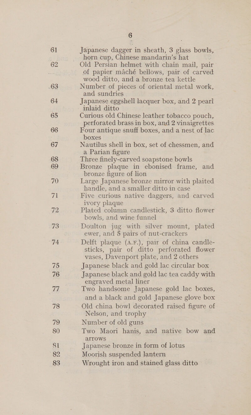 61 62 63 64 65 66 67 68 69 70 71 72 73 75 76 a7. 78 79 80 St 82 83 6 Japanese dagger in sheath, 3 glass bowls, horn cup, Chinese mandarin’s hat Old Persian helmet with chain mail, pair’ of papier maché bellows, pair of carved wood ditto, and a bronze tea kettle Number of pieces of oriental metal work, and sundries Japanese eggshell lacquer box, and 2 pearl inlaid ditto Curious old Chinese leather tobacco pouch, perforated brass in box, and 2 vinaigrettes Four antique snuff boxes, and a nest of lac boxes Nautilus shell in box, set of chessmen, and a Parian figure Three finely-carved soapstone bowls Bronze plaque in ebonised frame, and bronze figure of lion Large Japanese bronze mirror with plaited handle, and a smaller ditto in case Five curious native daggers, and carved ivory plaque Plated column candlestick, 3 ditto flower bowls, and wine funnel Doulton jug with silver mount, plated ewer, and § pairs of nut-crackers Delft plaque (4.F.), pair of china candle- sticks, pair of ditto perforated flower vases, Davenport plate, and 2 others Japanese black and gold lac circular box Japanese black and gold lac tea caddy with engraved metal liner Two handsome Japanese gold lac boxes, © and a black and gold Japanese glove box Old china bowl decorated raised figure of Nelson, and trophy Number of old guns Two Maori hanis, and native bow and arrows Japanese bronze in form of lotus Moorish suspended lantern Wrought iron and stained glass ditto