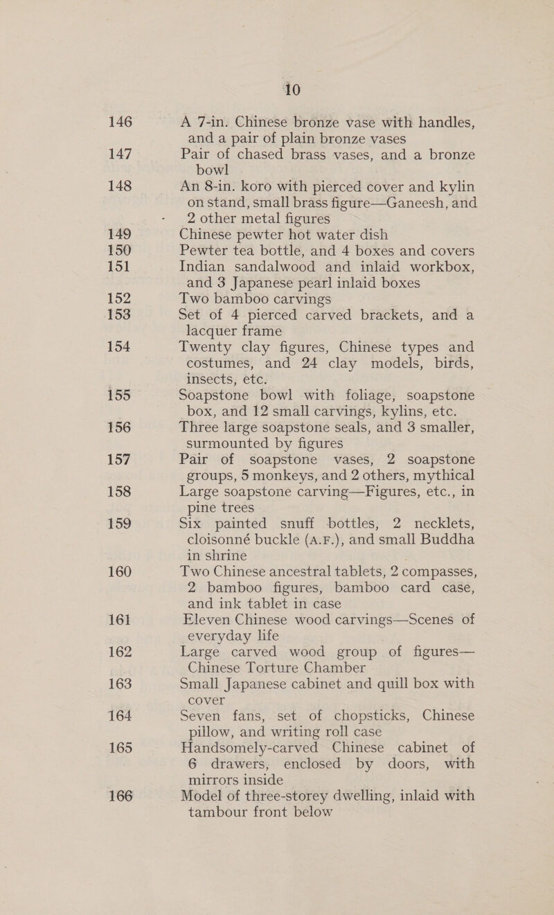 146 147 148 149 150 151 152 153 154 155 156 157 158 159 160 161 162 163 164 165 166 10 A 7-in. Chinese bronze vase with handles, and a pair of plain bronze vases Pair of chased brass vases, and a bronze bowl An 8-in. koro with pierced cover and kylin on stand, small brass figure—Ganeesh, and 2 other metal figures Chinese pewter hot water dish Pewter tea bottle, and 4 boxes and covers Indian sandalwood and inlaid workbox, and 3 Japanese pearl inlaid boxes Two bamboo carvings Set of 4 pierced carved brackets, and a lacquer frame Twenty clay figures, Chinese types and costumes, and 24 clay models, birds, insects, etc. Soapstone bowl with foliage, soapstone box, and 12 small carvings, kylins, etc. Three large soapstone seals, and 3 smaller, surmounted by figures Pair of soapstone vases, 2 soapstone groups, 5 monkeys, and 2 others, mythical Large soapstone carving—Figures, etc., in pine trees Six painted snuff bottles; 2 necklets, cloisonné buckle (A.F.), and small Buddha in shrine | Two Chinese ancestral tablets, 2 compasses, 2 bamboo figures, bamboo card case, and ink tablet in case Eleven Chinese wood carvings—Scenes of everyday life Large carved wood group of figures— Chinese Torture Chamber Small Japanese cabinet and quill box with cover Seven fans, set of chopsticks, Chinese pillow, and writing roil case Handsomely-carved Chinese cabinet of 6 drawers, enclosed by doors, with mirrors inside 3 Model of three-storey dwelling, inlaid with tambour front below