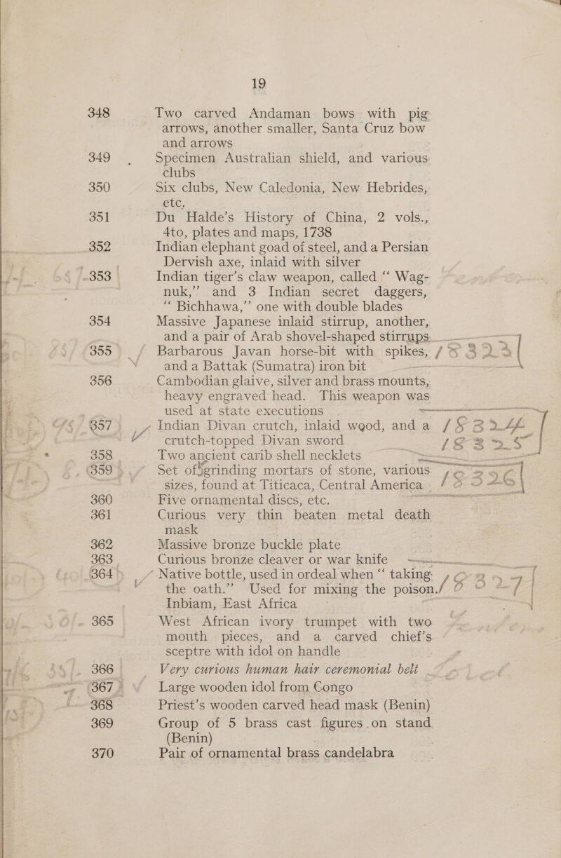 348 349 350 351 352 354 355 356 358 360 361 363 . 365 369 370 19 Two carved Andaman bows with pig arrows, another smaller, Santa Cruz bow and arrows Specimen Australian shield, and various clubs Six clubs, New Caledonia, New Hebrides, etc; Du Halde’s History of China, 2 vols., Ato, plates and maps, 1738 Indian elephant goad of steel, and a Persian Dervish axe, inlaid with silver Indian tiger’s claw weapon, called “‘ Wag- nuk,”’ and 3 Indian secret daggers, “ Bichhawa,’’ one with double blades Massive Japanese inlaid stirrup, another, Barbarous Javan horse-bit with Spies: and a Battak (Sumatra) iron bit se Cambodian glaive, silver and brass mounts,. heavy engraved head. This weapon was crutch-topped Divan sword Two ancient carib shell necklets SPrtintepny Five ornamental discs, etc. Curious very thin beaten metal death mask Massive bronze buckle plate 5. the oath.” Used for mixing the poison.. Inbiam, East Africa West African ivory trumpet with two mouth pieces, and a carved chief’s sceptre with idol on handle Very curious human hatr ceremonial belt Large wooden idol from Congo Priest’s wooden carved head mask (Benin) Group of 5 brass cast figures.on stand (Benin) Pair of ornamental brass candelabra