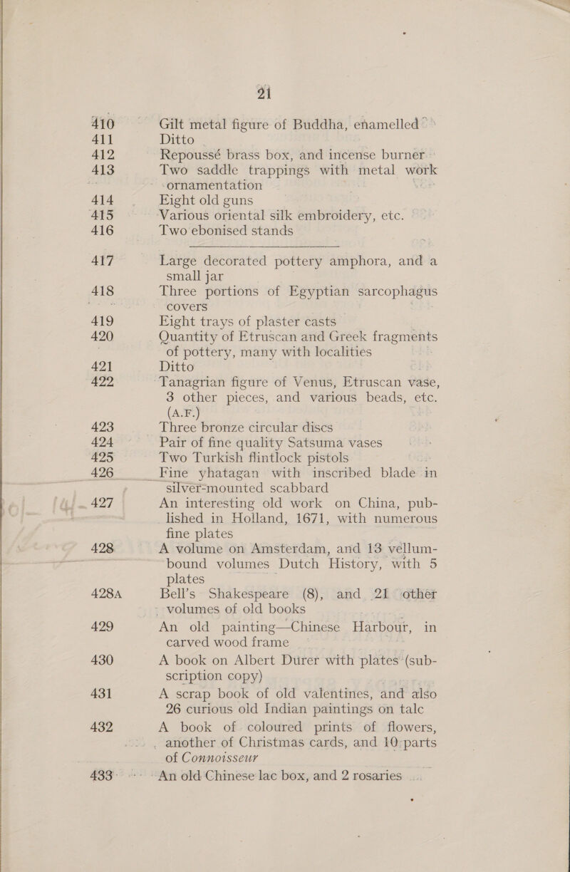 410 411 412 413 414 AIS 416 A\7 418 419 420 421 422 (423 424 495 496. 428, 4284 429 430 431 432 21 Gilt metal figure of Buddha, enamelled” Ditto Repoussé brass box, and incense burner.» Two saddle trappings with metal —— ‘ornamentation Eight old guns Two ebonised stands  Large decorated pottery amphora, and a small jar Three portions of Egyptian pr Ophiaee covers Eight trays of plaster casts of pottery, many with localities Ditto Tanagrian figure of Venus, Etruscan vase, 3 other pieces, and various beads, etc. (A.F.) Three bronze circular discs Pair of fine quality Satsuma vases Two Turkish flintlock pistols silver-mounted scabbard An interesting old work on China, pub- lished in Holland, 1671, with numerous fine plates A volume on Amsterdam, and 13 vellum- bound volumes Dutch History, with 5 plates Bell’s Shakespeare (8), and 2{ other An old painting —Chinese Harbour, in carved wood frame ~ A book on Albert Durer with plates ‘(sub- scription copy) A scrap book of old valentines, and also 26 curious old Indian paintings on talc A book of. coloured prints of flowers, of Connoisseur