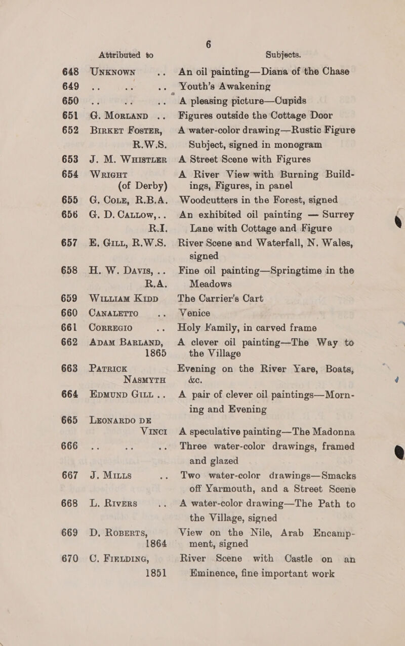 648 649 650 652 653 654 655 656 657 658 659 660 661 662 663 664 665 666 667 668 669 670 Attributed to UNKNOWN G. Moruanp BirKeET FostEr, R.W5S. J. M. WHISTLER WRIGHT (of Derby) G. CoLz, R.B.A. G. D. Cattow,.. RAL. E, Git, R.W'S. H, W. Davis, .. R.A. Wituiam Kipp CANALETTO CoRREGIO 1865 PatTRICK NASMYTH EDMUND GILL .. LEONARDO DE VINCI J. Mis L. Rivers D, RoBeErts, 1864 C, FIELDING, 1851 Subjects. An oil painting— Diana of the Chase A pleasing picture—Cupids Figures outside the Cottage Door A water-color drawing—Rustic Figure Subject, signed in monogram A Street Scene with Figures A River View with Burning Build- ings, Figures, in panel Woodcutters in the Forest, signed An exhibited oil painting — Surrey Lane with Cottage and Figure River Scene and Waterfall, N. Wales, signed Fine oil painting—Springtime in the Meadows The Carrier's Cart Venice Holy Family, in carved frame A clever oil painting—The Way to the Village Evening on the River Yare, Boats, &amp;e. A pair of clever oil paintings—Morn- ing and Evening A speculative painting—The Madonna Three water-color drawings, framed and glazed Two water-color drawings—Smacks off Yarmouth, and a Street Scene A water-color drawing—The Path to the Village, signed View on the Nile, Arab Encamp- ment, signed River Scene with Castle on an Eminence, fine important work 