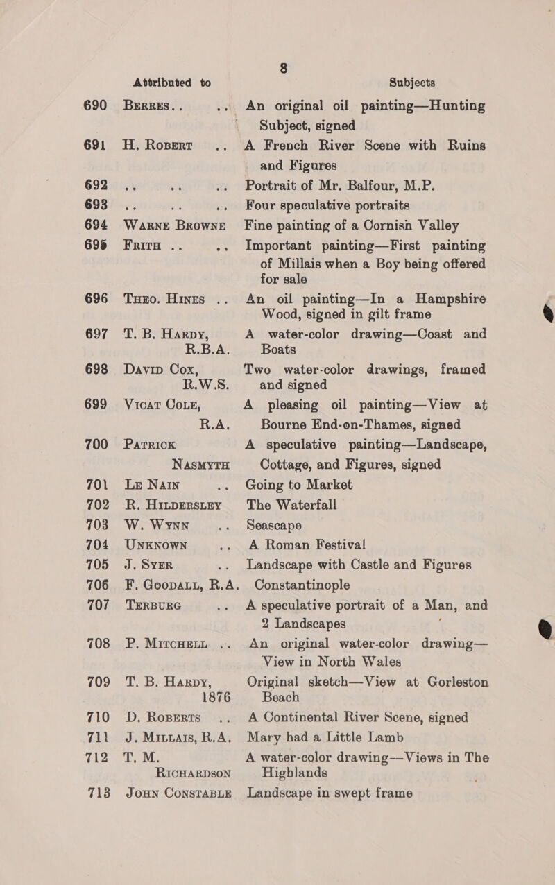 690 691 692 693 694 695 696 697 698 699 700 701 702 703 704 705 706 707 708 709 710 711 712 713 Attributed to BERRES.. H. RosBert WARNE BROWNE Frita .. nye TuHeEo. HINES .. T. B. Harpy, R.B.A. Davip Cox, R.W:S8. Vicat CoLe, R.A. PATRICK NASMYTH Le Nain R. H1ILDERSLEY W. Wynn UNKNOWN J. SYER TERBURG P. MitrcH eh i. Be Harpy, 1876 D. Roperts J. Miuuais, R.A. AMG RICHARDSON JOHN CONSTABLE 8 Subjects Subject, signed A French River Scene with Ruins and Figures Portrait of Mr. Balfour, M.P. Four speculative portraits Fine painting of a Cornish Valley Important painting—First painting of Millais when a Boy being offered for sale An oil painting—In a Hampshire Wood, signed in gilt frame A water-color drawing—Coast and Boats Two water-color drawings, framed and signed A pleasing oil painting—View at Bourne End-on-Thames, signed A speculative painting—Landscape, Cottage, and Figures, signed Going to Market The Waterfall Seascape A Roman Festival Landscape with Castle and Figures Constantinople A speculative portrait of a Man, and 2 Landscapes An original water-color drawing— View in North Wales Original sketch—View at Gorleston Beach A Continental River Scene, signed Mary had a Little Lamb A water-color drawing— Views in The Highlands Landscape in swept frame 