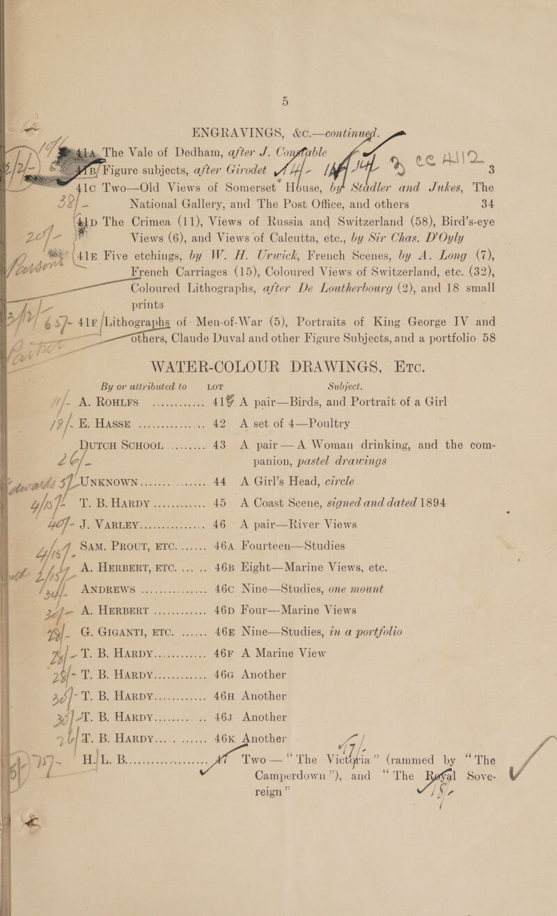 ENGRAVINGS, &amp;c.—continued. MH be Ce 1G Two-Old ee of Some ay use, eld: and Jukes, The National Gallery, and The Post Office, and others 34 ‘hp The Crimea (11), Views of Russia and Switzerland (58), Bird’s-eye Views (6), and Views of Calcutta, ete., by Six Chas. D’Oyly my Sle Five etchings, by W. H. Urwick, French Scenes, by A. Long (7), French Carriages (15), Coloured Views of Switzerland, etc. (32), Coloured Lithographs, after De Loutherbourg (2), and 18 small   Ms   | jf [L- prints aie Be. 41 /Lithographs of Men-of-War (5), Portraits of King George IV and By A ato —!_-sthers, Claude Duval and other Figure Subjects, and a portfolio 58 a WATER-COLOUR DRAWINGS, Etc. bee ; By or attributed to LOT Subject. [1] PAROINOMIGES oo. os ssailan 41% A pair—Birds, and Portrait of a Girl 13/- EV AGSINS ii. aes Dee de 42 &lt;A set of 4—Poultry DUTCH SCHOOL |... +... 43 &lt;A pair—A Woman drinking, and the com- 2 og panion, pastel drawings warts 3 PaO NKNOWN. 2200.8. 44 A Girl’s Head, czrcle oo}! DAB AEPAR DY. &lt;5. . 8.55. 45 &lt;A Coast Scene, stgned and dated 1894 40] - Ce AURIBNG oa oes 5 5 46 &lt;A pair—River Views Ah sf. Sam. PROUT, ETC. ...... 464 Fourteen—Studies th if As A. HERBERT, ETC. ...... 46B Eight—Marine Views, etc. Pi [7 Fe fff. POMPEI Slo. s btw. 46¢ Nine—Studies, one mount | 2- A HERPERT ............ 46D Four—Marine Views PeeGoGlGANT, BTC. — 0... 46E Nine—Studies, in a portfolio eee. BHARDY........... 46% A Marine View bee ToD. Hanpy.......... 46a Another 3é]-T. as SUARIONE EL: .. cops 46H Another yal. B. Harpy......:. _.. 463 Another y 7 Bet Po HaRpy as: :....: 46k Another i = ‘ j j 7 “(7/ 9 é6 Me dL, Bee ees. Two! The Vietgtia (rammed by ~ The ——— oe Ae m)deand , — The Ae Sove- reign ”