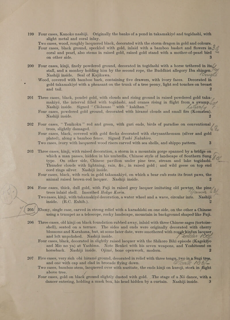 slight metal and coral inlay. Two cases, wood, roughly lacquered black, decorated with the storm dragon in gold and colours. Four cases, black ground, speckled with gold, inlaid with a bamboo basket and flowers in coral and pearl, also stems in raised gold, raised gold stand with a mother-of-pearl bird on other side. 3 PH a &amp; 200 Four cases, kinji, finely powdered ground, decorated in togidashi with a horse tethered in its stall, and a monkey holding him by the second rope, the Buddhist allegory Iba Poco Nashiji inside. Seal of Kajikawa. ue Wood, covered with bamboo bark, containing five drawers, with ivory faces. Decorated i if ° gold takamakiyé with a pheasant on the trunk of a tree peony, light red touches on breast and tail. 2 201 Three cases, black, poudré gold, with clouds and rising ground in raised powdered gold taka- ff makiyé, the interval filled with togidashi, and cranes rising in flight froma Svemp é oe Nashiji inside. Signed ‘ Chikanao’’ with *‘ kakihan.” “ete) . Four cases, powdered gold ground, decorated with hiramé clouds ang small firs (Komen). Nashiji inside. 202 Four cases, “ Tsuikoku”’ red and green, with guri ends, birds of paradise on conventional trees, slightly damaged. Sg Le Four cases, black, covered with gold flecks decorated with chrysanthemum (silver and gold plated), along a bamboo fence. Signed Yoshi Nakahiro. Two cases, ivory with lacquered wood risers carved with sea shells, and shippo pattern. 3 203 Three cases, kinji, with raised decoration, a storm in a mountain gorge spanned by a bridge on __ which a man passes, hidden in his umbrella, Chinese style of landscape of Southern Sung y . Thunder clouds with lightning, rain, &amp;c., in raised gold; and wild geese on top end cord rings silver. Nashiji inside. Four cases, black, with rock in gold takamakiyé, on which a bear cub rests its front paws, the animal raised brown-red lacquer. Nashiji inside. 204 Four cases, thick, dull gold, with Fuji in raised grey lacquer imitating old pewter, the Ty “1 trees inlaid shell. Inscribed Hokyo Korin. Lema oY Two cases, kinji, with takamakiyé decoration, a water wheel and a wave, circular i into. Nashiji ns inside. (R.C. Exhib.). 2 Pe eh | 205/ Ebony, single case, carved in strong relief with a karashishi on one side, on the other a Chinese SY using a trumpet as a telescope, rocky landscape, mountain in background shaped like Fuji. 206 Three cases, old kinji on black foundation rubbed away, inlaid with three Chinese sages (tortoise- shell), seated on a terrace. The sides and ends were originally decorated with cherry blossoms and Karahana, but, at some later date, were smothered with ro as lacquer and left unpolished. Nashiji inside. tek Alen te Opp, Four cases, black, decorated in slightly raised lacquer with the Shikoro Biki episode (Kagekiyo and Mio no ya) at Yashima. Note Benkei with his seven weapons, and Yoshitsuné on horseback. Nashiji inside. Ojimé, bone openwork, modern. 2 207 Five cases, very rich obi hiramé ground, decorated in relief with three tenet. two in a Sugi ep, and one with cap and clad in brocade flying down. wee 12 b/a Two cases, bamboo stem, lacquered over with nuritate, the ends kinji on kuroji, stork in Aight above tree. fi Four cases, gold on black ground slightly dusted with gold. _The stage of a\N6 dance, with a dancer entering, holding a mask box, his head hidden by a curtain. Nashiji inside. 3