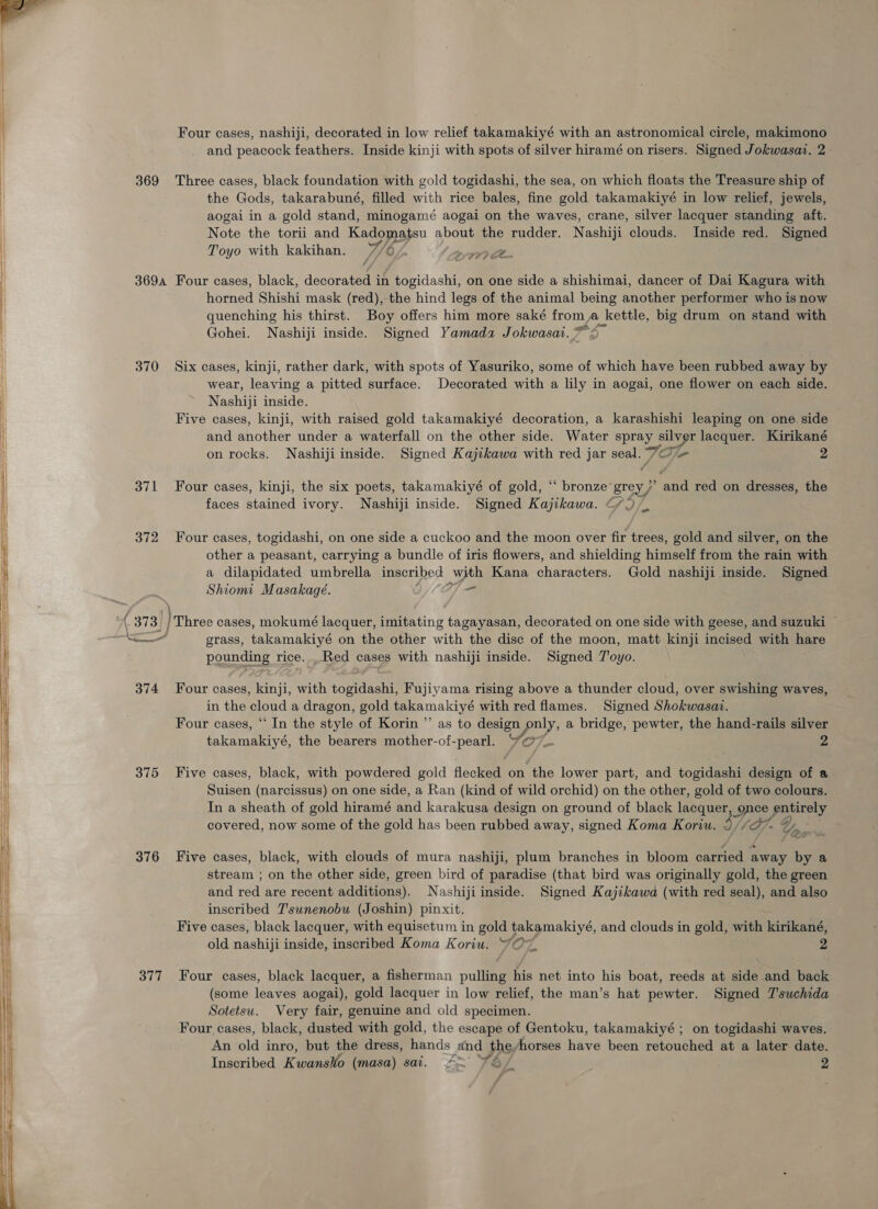 . Four cases, nashiji, decorated in low relief takamakiyé with an astronomical circle, makimono | and peacock feathers. Inside kinji with spots of silver hiramé on risers. Signed Jokwasat. 2 - 369 Three cases, black foundation with gold togidashi, the sea, on which floats the Treasure ship of the Gods, takarabuné, filled with rice bales, fine gold takamakiyé in low relief, jewels, aogai in a gold stand, minogamé aogai on the waves, crane, silver lacquer standing aft. Note the torii and Kadomatsu about the rudder. Nashiji clouds. Inside red. Signed Toyo with kakihan. WL yA Clan 3694 Four cases, black, decorated in togidashi, on one side a shishimai, dancer of Dai Kagura with horned Shishi mask (red), the hind legs of the animal being another performer who is now quenching his thirst. Boy offers him more saké om A kettle, big drum on stand with | Gohei. Nashiji inside. Signed Yamada Jokwasai. * 370 Six cases, kinji, rather dark, with spots of Yasuriko, some of which have been rubbed away by wear, leaving a pitted surface. Decorated with a lily in aogai, one flower on each side. H ~ Nashiji inside. i Five cases, kinji, with raised gold takamakiyé decoration, a karashishi leaping on one side 1 and protes under a waterfall on the other side. Water spray ae lacquer. Kirikané on rocks. Nashiji inside. Signed Kajikawa with red jar seal. 7% / 2 i} 371 Four cases, kinji, the six poets, takamakiyé of gold, “ bronze’ grey 7 Sia red on dresses, the Ht faces stained ivory. Nashiji inside. Signed Kajikawa. GD. 372 Four cases, togidashi, on one side a cuckoo and the moon over fir trees, gold and silver, on the other a peasant, carrying a bundle of iris flowers, and shielding himself from the rain with i a dilapidated umbrella inscribed with Kana characters. Gold nashiji inside. Signed i Shiomi Masakage. 4] i (373. } Three cases, mokumé lacquer, imitating tagayasan, decorated on one side with geese, and suzuki ~ i grass, een ae on the other with the disc of the moon, matt kinji incised with hare | pounding rice. Red cases with nashiji inside. Signed Toyo.  i 374 Four cases, kinji, with togidashi, Fujiyama rising above a thunder cloud, over swishing waves,  in the cloud a dragon, gold takamakiyé with red flames. Signed Shokwasav. | Four cases, ‘ In the style of Korin ”’ as to design only, a bridge, pewter, the hand-rails silver i takamakiyé, the bearers mother-of-pearl. YO _ 2 375 Five cases, black, with powdered gold flecked. on the lower part, and togidashi design of a Suisen (narcissus) on one side, a Ran (kind of wild orchid) on the other, gold of two colours. In a sheath of gold hiramé and karakusa design on ground of black lacquer, o 7 gms covered, now some of the gold has been rubbed away, signed Koma Koriu. 2//   376 Five cases, black, with clouds of mura nashiji, plum branches in bloom omnes away by a stream ; on the other side, green bird of paradise (that bird was originally gold, the green and red are recent additions). Nashiji inside. Signed Kajikawa (with red seal), and also inscribed T'sunenobu (Joshin) pinxit. Five cases, black lacquer, with equisetum in gold takamakiyé, and clouds in gold, with kirikané, old nashiji inside, inscribed Koma Koriu. WO? 2 377 Four cases, black lacquer, a fisherman pulang his net into his boat, reeds at side and back (some leaves aogai), gold lacquer in low relief, the man’s hat pewter. Signed 7'suchida Sotetsu. Very fair, genuine and old specimen. Four cases, black, dusted with gold, the escape of Gentoku, takamakiyé ; on togidashi waves. An old inro, but the dress, hands and theyhorses have been retouched at a later date. Inscribed Kwanst (masa) sai. -~ 4S, 2 _ 