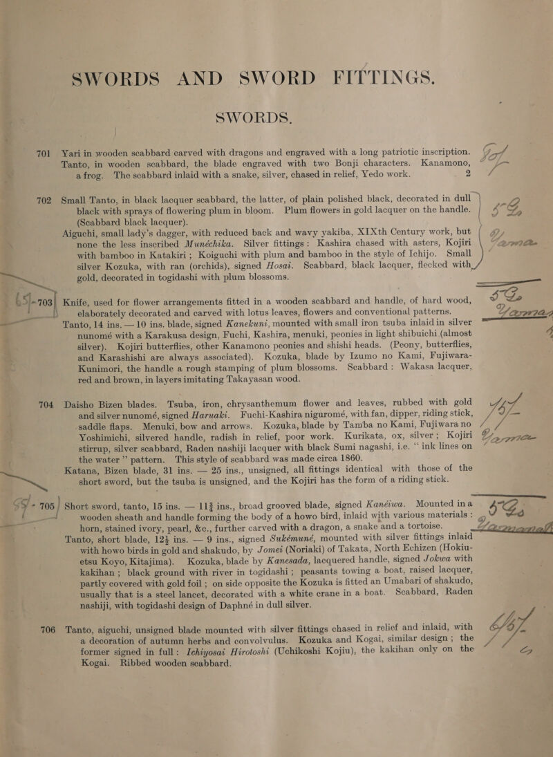 SWORDS AND SWORD FITTINGS. SWORDS. 701 Yari in wooden scabbard carved with dragons and engraved with a long patriotic inscription. Gd Tanto, in wooden scabbard, the blade engraved with two Bonji characters. Kanamono, ¢&lt;1- » afrog. The scabbard inlaid with a snake, silver, chased in relief, Yedo work. 2 ¢ black with sprays of flowering plum in bloom. Plum flowers in gold lacquer on the handle. (Scabbard black lacquer). Aiguchi, small lady’s dagger, with reduced back and wavy yakiba, XI Xth Century work, but /( none the less inscribed Munéchika. Silver fittings: Kashira chased with asters, Kojiri + 2 997 Ce with bamboo in Katakiri ; Koiguchi with plum and bamboo in the style of Ichijo. Small silver Kozuka, with ran (orchids), signed Hosai. Scabbard, black lacquer, flecked with pe gold, decorated in togidashi with plum blossoms. ; if 5]. 708) Knife, used for flower arrangements fitted in a wooden scabbard and handle, of hard wood, Ie 702 Small Tanto, in black lacquer scabbard, the latter, of plain polished black, decorated in al | ita g elaborately decorated and carved with lotus leaves, flowers and conventional patterns. VasrIas —_— ‘ ° ° e c e . ° ° * NTS 4 — Tanto, 14 ins. — 10 ins. blade, signed Kanekuni, mounted with small iron tsuba inlaidin silver | nunomé with a Karakusa design, Fuchi, Kashira, menuki, peonies in light shibuichi (almost 4 silver). Kojiri butterflies, other Kanamono peonies and shishi heads. (Peony, butterflies, | and Karashishi are always associated). Kozuka, blade by Izumo no Kami, Fujiwara- Kunimori, the handle a rough stamping of plum blossoms. Scabbard: Wakasa lacquer, red and brown, in layers imitating Takayasan wood. 704 Daisho Bizen blades. Tsuba, iron, chrysanthemum flower and leaves, rubbed with gold leh and silver nunomé, signed Haruaki. Fuchi-Kashira niguromé, with fan, dipper, riding stick, / — _saddle flaps. Menuki, bow and arrows. Kozuka, blade by Tamba no Kami, Fujiwarano / Yoshimichi, silvered handle, radish: in relief, poor work. Kurikata, ox, silver; Kojiri Gy My poe stirrup, silver scabbard, Raden nashiji lacquer with black Sumi nagashi, i.e. ‘ink lineson “% ~ the water’ pattern. This style of scabbard was made circa 1860. Katana, Bizen blade, 31 ins. — 25 ins., unsigned, all fittings identical with those of the a short sword, but the tsuba is unsigned, and the Kojiri has the form of a riding stick. 7 ; Sy - 705 | Short sword, tanto, 15 ins. — 113 ins., broad grooved blade, signed Kanéiwa. Mounted ina SS, —_ wooden sheath and handle forming the body of a howo bird, inlaid with various materials : a “SA rx. ~ eo  horn, stained ivory, pearl, &amp;c., further carved with a dragon, a snake and a tortoise. Tanto, short blade, 124 ins. — 9 ins., signed Sukémuné, mounted with silver fittings inlaid — with howo birds in gold and shakudo, by Jomei (Noriaki) of Takata, North Echizen (Hokiu- etsu Koyo, Kitajima). Kozuka, blade by Kanesada, lacquered handle, signed Jokwa with kakihan ; black ground with river in togidashi; peasants towing a boat, raised lacquer, partly covered with gold foil ; on side opposite the Kozuka is fitted an Umabari of shakudo, usually that is a steel lancet, decorated with a white crane in a boat. Scabbard, Raden nashiji, with togidashi design of Daphné in dull silver. a decoration of autumn herbs and convolvulus. Kozuka and Kogai, similar design ; the former signed in full: Ichiyosai Hirotoshi (Uchikoshi Kojiu), the kakihan only on the Kogai. Ribbed wooden scabbard.