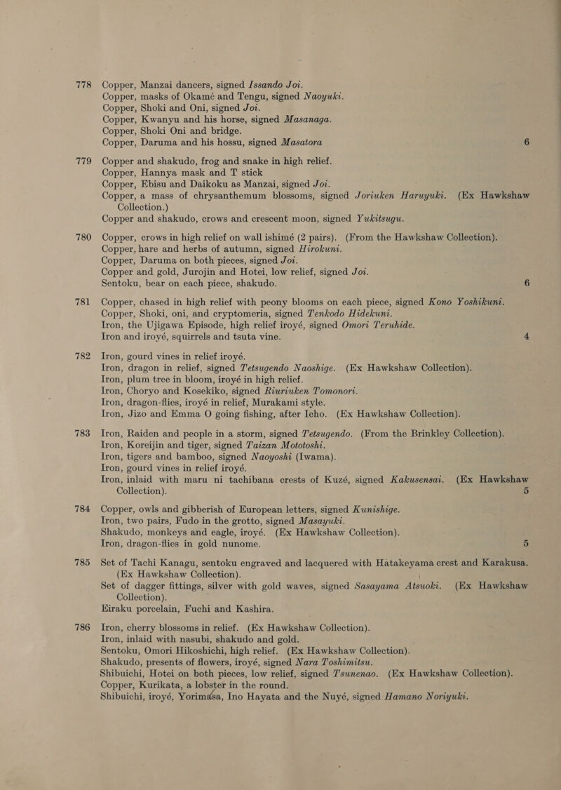 778 119 780 781 782 783 784 785 786 Copper, Manzai dancers, signed [ssando Joi. Copper, masks of Okamé and Tengu, signed Naoyukv. Copper, Shoki and Oni, signed Joz. Copper, Kwanyu and his horse, signed Masanaga. Copper, Shoki Oni and bridge. Copper, Daruma and his hossu, signed Masatora 6 Copper and shakudo, frog and snake in high relief. Copper, Hannya mask and T stick Copper, Ebisu and Daikoku as Manzai, signed Jo. Copper, a mass of chrysanthemum blossoms, signed Joriwken Haruyuki. (Ex Hawkshaw Collection.) Copper and shakudo, crows and crescent moon, signed Yukitsugu. Copper, crows in high relief on wall ishimé (2 pairs). (From the Hawkshaw Collection). Copper, hare and herbs of autumn, signed Hirokuni. Copper, Daruma on both pieces, signed Jot. Copper and gold, Jurojin and Hotei, low relief, signed Jov. Sentoku, bear on each piece, shakudo. 6 Copper, chased in high relief with peony blooms on each piece, signed Kono Yoshikunt. Copper, Shoki, oni, and cryptomeria, signed T'enkodo Hidekuni. Iron, the Ujigawa Episode, high relief iroyé, signed Omori Teruhide. Iron and iroyé, squirrels and tsuta vine. + Iron, gourd vines in relief iroyé. Tron, dragon in relief, signed J'etsugendo Naoshige. (Ex Hawkshaw Collection). Tron, plum tree in bloom, iroyé in high relief. Iron, Choryo and Kosekiko, signed Riuriuken Tomonort. Iron, dragon-flies, iroyé in relief, Murakami style. Iron, Jizo and Emma O going fishing, after Icho. (Ex Hawkshaw Collection). Iron, Raiden and people in a storm, signed T'etsugendo. (From the Brinkley Collection). Iron, Koreijin and tiger, signed T’aizan Mototoshi. Iron, tigers and bamboo, signed Naoyoshi (I[wama). Iron, gourd vines in relief iroyé. Tron, inlaid with maru ni tachibana crests of Kuzé, signed Kakusensai. (Ex Hawkshaw Collection). 5 Copper, owls and gibberish of European letters, signed Kunishige. Iron, two pairs, Fudo in the grotto, signed Masayuki. Shakudo, monkeys and eagle, iroyé. (Ex Hawkshaw Collection). Iron, dragon-flies in gold nunome. 5 Set of Tachi Kanagu, sentoku engraved and lacquered with Hatakeyama crest and Karakusa. (Ex Hawkshaw Collection). Set of dagger fittings, silver with gold waves, signed Sasayama Atsuoki. (Ex Hawkshaw Collection). Kiraku porcelain, Fuchi and Kashira. Tron, cherry blossoms in relief. (Ex Hawkshaw Collection). Iron, inlaid with nasubi, shakudo and gold. Sentoku, Omori Hikoshichi, high relief. (Ex Hawkshaw Collection). Shakudo, presents of flowers, iroyé, signed Nara Toshimitsu. Shibuichi, Hotei on both pieces, low relief, signed 7’swnenao. (Ex Hawkshaw Collection). Copper, Kurikata, a lobster in the round. Shibuichi, iroyé, Yorimdsa, Ino Hayata and the Nuyé, signed Hamano Noriyuki.