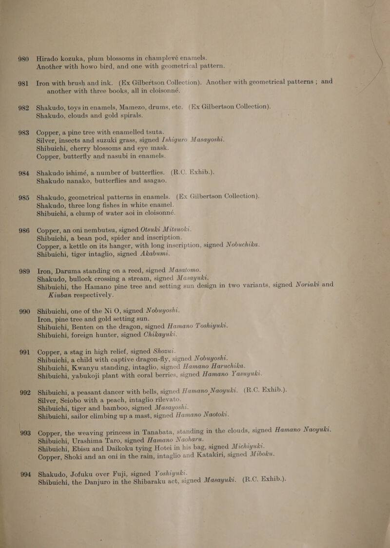 980 981 982 983 984 985 986 989 990 991 Hirado kozuka, plum blossoms in champlevé enamels. Another with howo bird, and one with geometrical pattern. Iron with brush and ink. (Ex Gilbertson Collection). Another with geometrical patterns ; and another with three books, all in cloisonné. Shakudo, toys in enamels, Mamezo, drums, etc. (lx Gilbertson Collection). Shakudo, clouds and gold spirals. Copper, a pine tree with enamelled tsuta. Shibuichi, cherry blossoms and eye mask. Shakudo ishimé, a number of butterflies. (R.C. Exhib.). Shakudo nanako, butterflies and asagao. Shakudo, geometrical patterns in enamels. (Hx Gilbertson Collection). Shakudo, three long fishes in white enamel. Shibuichi, a clump of water aoi in cloisonné. Copper, an oni nembutsu, signed Oisuki Mitsuok. Shibuichi, a bean pod, spider and inscription. Copper, a kettle on its hanger, with long inscription, signed Nobuchika. Shibuichi, tiger intaglio, signed Akabumv. Tron, Daruma standing on a reed, signed Masaiomo. Shakudo, bullock crossing a stream, signed Masayuki. Shibuichi, the Hamano pine tree and setting sun design in two variants, signed Noriaki and Kiuban respectively. Shibuichi, one of the Ni O, signed Nobuyoshv. Iron, pine tree and gold setting sun. Shibuichi, Benten on the dragon, signed Hamano Toshiyuk. Shibuichi, foreign hunter, signed Chikayuki. Copper, a stag in high relief, signed Shozw:. Shibuichi, a child with captive dragon-fly, signed Nobuyosht. Shibuichi, Kwanyu standing, intaglio, signed Hamano Haruchika. Shibuichi, yabukoji plant with coral berries, signed Hamano Yasuyuki. Silver, Seiobo with a peach, intaglio rilevato. Shibuichi, tiger and bamboo, signed Masayoshi. Shibuichi, sailor climbing up a mast, signed Hamano N aotokv. Copper, the weaving princess in Tanabata, standing in the clouds, signed Hamano Naoyukv. Shibuichi, Urashima Taro, signed Hamano N aoharu. Shibuichi, Ebisu and Daikoku tying Hotei in his bag, signed M ichiyuke. Copper, Shoki and an oni in the rain, intaglio and Katakiri, signed Mziboku. Shakudo, Jofuku over Fuji, signed Yoshiyuk:. ; Shibuichi, the Danjuro in the Shibaraku act, signed M asayuki. (R.C. Exhib.).