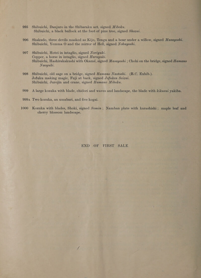 Shibuichi, a black bullock at the foot of pine tree, signed Shozuv. 996 Shakudo, three devils masked as Kijo, Tengu and a boar under a willow, signed Masayoshi. Shibuichi, Yemma O and the mirror of Hell, signed Nobuyoshv. 997 Shibuichi, Hotei in intaglio, signed Noriyukv. Copper, a horse in intaglio, signed Haruyukz. Shibuichi, Hashirakakushi with Okamé, signed Masayoshi ; Chohi on the bridge, signed Hamano Naoyuki. 998 Shibuichi, old sage on a bridge, signed Hamano Naotoshi. (R.C. Exhib.). Jofuku making magic, Fuji at back, signed Jofuken Seizur. Shibuichi, Jurojin and crane, signed Hamano Miboku. 999 A large kozuka with blade, chidori and waves and landscape, the blade with kikusui yakiba. 9994 Two kozuka, an umabari, and five kogai. 1000 Kozuka with blades, Shoki, signed Somin ; Namban plate with karashishi; maple leaf and cherry blossom landscape. END OF FIRST SALE,