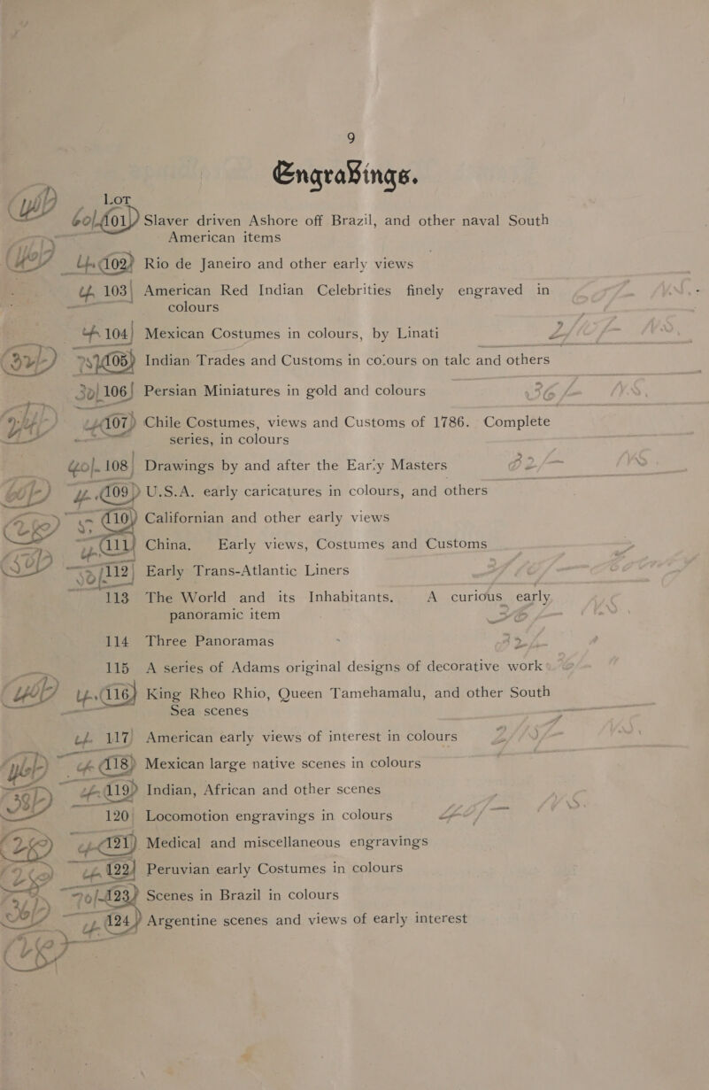 Engra¥ings. Lot bolforp fo) Slaver driven Ashore off Brazil, and other naval South American items YW _4-dop) Rio de Janeiro and other early views a 103 | American Red Indian Celebrities finely engraved in colours > aes  052 Indian Trades and Customs in co.ours on talc Sad Bae o 3b} Si Persian Miniatures in gold and colours 7 Tm Seem Oe 407) Chile Costumes, views and Customs of 1786. Complete ‘ial E> series, in colours ) ade 108, Drawings by and after the Ear:y Masters B 2 + 08) U.S.A. early caricatures in colours, and others 10\) Californian and other early views > Cu China. Early views, Costumes and Customs ps Jon] Early Trans-Atlantic Liners  113. The World and its Inhabitants. A curious. early panoramic item 3 | 114 Three Panoramas . jp oe 115 A series of Adams original designs of decorative work CZ 18) King Rheo Rhio, Queen Tamehamalu, and other South Sea scenes Pa ed \ Lf 117) American early views of interest in colours Z ) a “ —— f Lp) 18) Mexican large native scenes in colours ep ee 119) Indian, African and other scenes - 120 Locomotion engravings in colours af / 2 + Medical and miscellaneous engravings i* en he op (22) Peruvian a Costumes in colours 