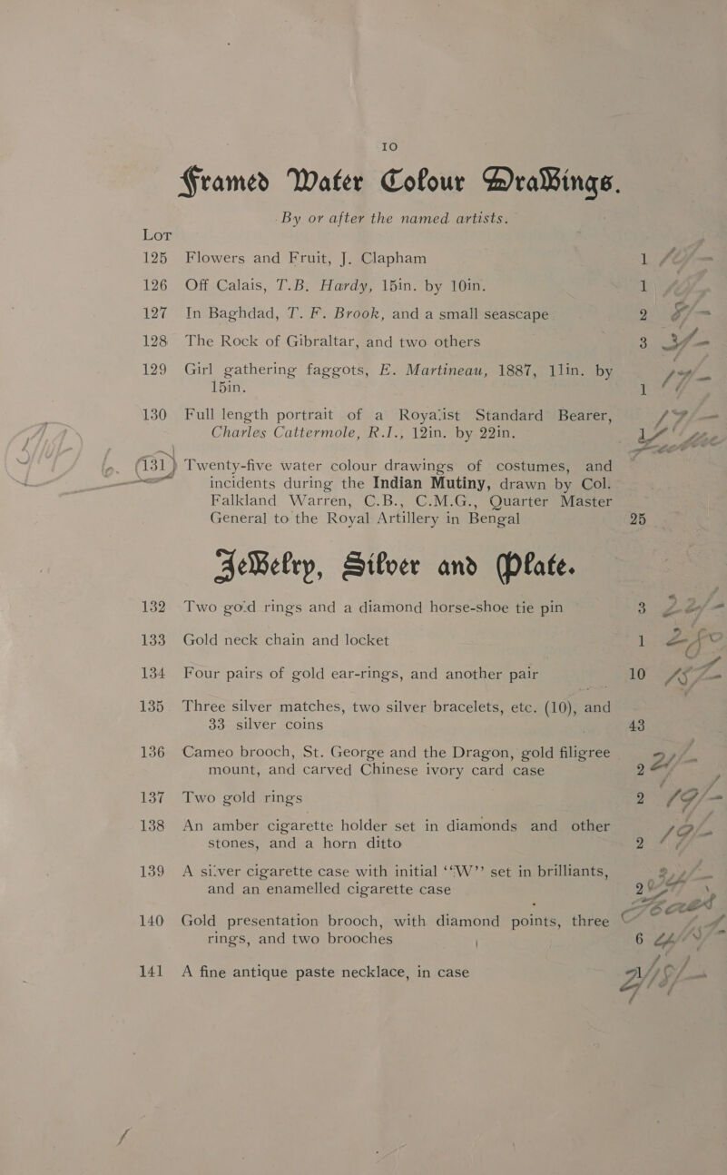 125 126 127 128 129 130 132 133 134 136 137 138 139 140 141 -By or after the named artists. Flowers and Fruit, J. Clapham Off Calais, T.B. Hardy, 15in. by 10in. In Baghdad, T. F. Brook, and a small seascape. The Rock of Gibraltar, and two others | Girl gathering faggots, E. Martineau, 1887, 1lin. by 15in. Full length portrait of a Royatist Standard Bearer, Charles Cattermole, R.I., 12in. by 22in. Twenty-five water colour drawings of costumes, and incidents during the Indian Mutiny, drawn by Col. Falkland Warren, C.B., C.M.G., Quarter Master General to the Royal Artillery in Bengal AeWelry, Silver and (Plate. Two god rings and a diamond horse-shoe tie pin Gold neck chain and locket Four pairs of gold ear-rings, and another pair 33: silver coins mount, and carved Chinese ivory card case Two gold rings An amber cigarette holder set in diamonds and other stones, and a horn ditto A si:ver cigarette case with initial ‘“W”’ set in brilliants, and an enamelled cigarette case Gold presentation brooch, with diamond points, three rings, and two brooches ) A fine antique paste necklace, in case 25
