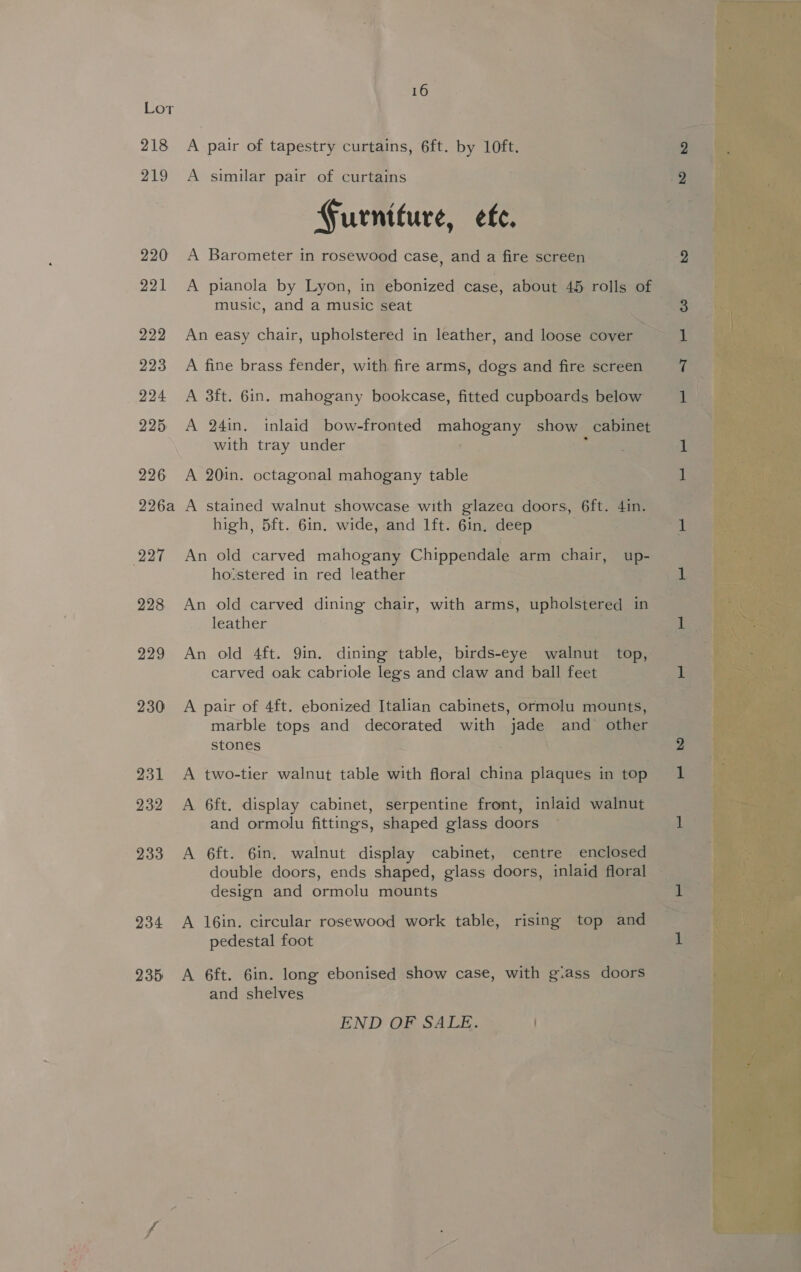 218 219 220 221 222 223 224 225 226 226a 227 228 229 230 231 232 233 234 235) 16 A pair of tapestry curtains, 6ft. by 10ft. A similar pair of curtains Furniture, ete. A Barometer in rosewood case, and a fire screen A pianola by Lyon, in ebonized case, about 45. rolls of music, and a music seat An easy chair, upholstered in leather, and loose cover fs A fine brass fender, with fire arms, dogs and fire screen A 3ft. 6in. mahogany bookcase, fitted cupboards below A 94in, inlaid bow-fronted ae oy _cabinet with tray under A 20in. octagonal mahogany table A stained walnut showcase with glazea doors, 6ft. 4in. high, 5ft. 6in. wide, and 1ft. 6in, deep An old carved mahogany Chippendale arm chair, up- ho‘stered in red leather An old carved dining chair, with arms, upholstered in leather carved oak cabriole legs and claw and ball feet A pair of 4ft. ebonized Italian cabinets, ormolu mounts, marble tops and decorated with jade and other stones A two-tier walnut table with floral china plaques in top A 6ft. display cabinet, serpentine front, inlaid walnut and ormolu fittings, shaped glass doors A 6ft. 6in. walnut display cabinet, centre enclosed design and ormolu mounts A 16in. circular rosewood work table, rising top and pedestal foot A 6ft. 6in. long ebonised show case, with giass doors and shelves END OF SALE. | 