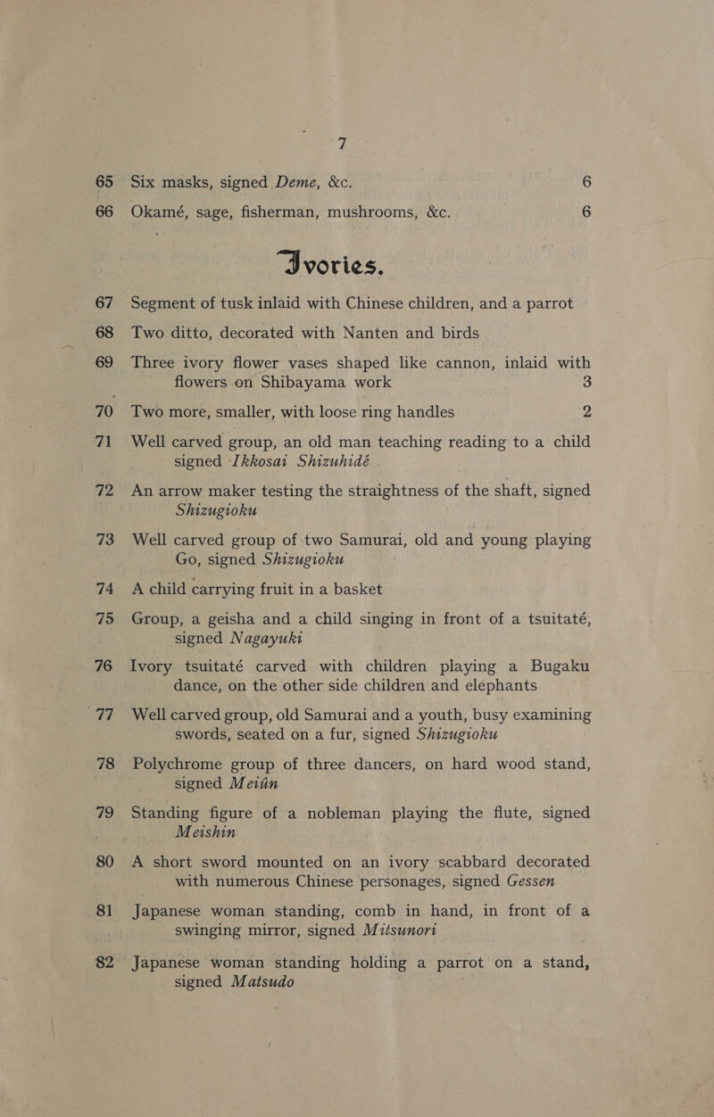65 66 67 68 69 71 42 73 74 75 76 Afri 78 vhs) 80 8! 82 7 Six masks, signed Deme, &amp;c. Okamé, sage, fisherman, mushrooms, &amp;c. | 6 “Ivories. Segment of tusk inlaid with Chinese children, and a parrot Two ditto, decorated with Nanten and birds: Three ivory flower vases shaped like cannon, inlaid with flowers on Shibayama work 3 Two more, smaller, with loose ring handles 2 Well carved group, an old man teaching reading to a child signed Ikkosat Shizuhidé An arrow maker testing the straightness of the shaft, signed Shizugioku Well carved group of two Samurai, old and young playing Go, signed Shizugioku A child carrying fruit in a basket Group, a geisha and a child singing in front of a tsuitaté, signed Nagayuki Ivory tsuitaté carved with children playing a Bugaku dance, on the other side children and elephants Well carved group, old Samurai and a youth, busy examining swords, seated on a fur, signed Shizugioku Polychrome group of three dancers, on hard wood stand, signed Meiin Standing figure of a nobleman playing the flute, signed Meishin A short sword mounted on an ivory scabbard decorated with numerous Chinese personages, signed Gessen Japanese woman standing, comb in hand, in front of a swinging mirror, signed Mitsunort Japanese woman standing holding a parrot on a stand, signed Matsudo