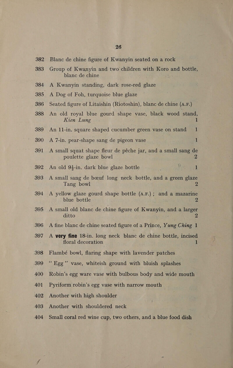 382 383 384 385 386 388 389 390 391 392 393 394 395 396 397 398 399 400 401 402 403 404 26 Blanc de chine figure of Kwanyin seated on a rock Group of Kwanyin and two children with Koro and bottle, blanc de chine | | A Kwanyin standing, dark rose-red glaze A Dog of Foh, turquoise blue glaze Seated figure of Litaishin (Riotoshin), blanc de chine (A.F.) An old royal blue gourd shape vase, black wood stand, Kien Lung . - 1 An 11-in. square shaped cucumber green vase on stand 1 A small squat shape fleur de péche jar, and a small sang de poulette glaze bowl 2 An old 94-in. dark blue glaze bottle tae Tang bowl A yellow glaze gourd shape bottle (A.F.) ; and a mazarine blue bottle 2 A eal old blanc de chine figure of Kwany ig and a larger ditto 2 A fine blanc de chine seated figure of a Prince, Yung Ching 1 A very fine 18-in. long neck blanc de chine bottle, incised floral decoration . 1 Flambé bowl, flaring shape with lavender patches 3? “ Egg ”’ vase, whiteish ground with bluish splashes Robin’s egg ware vase with bulbous body and wide mouth Pyriform robin’s egg vase with narrow mouth | Another with high shoulder Another with shouldered neck Small coral red wine cup, two others, and a blue food dish ies