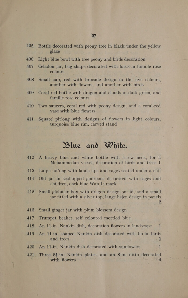 405 406 407 408 409 410 41] 412 413 414 415 416 417 418 419 420 27 glaze Light blue bowl with tree peony and birds decoration Celadon jar, bag shape decorated with lotus in famille rose colours Small cup, red with brocade design in the five colours, another with flowers, and another with birds Coral red bottle with dragon and clouds in dark green, and famille rose colours Two saucers, coral red with peony design, and a coral-red vase with blue flowers Square pit’ong with designs of flowers in light colours, turquoise blue rim, carved stand 3 Blue and White. A heavy blue and white bottle with screw neck, for a Mohammedan vessel, decoration of birds and trees Il Large pit’ong with landscape and sages seated under a cliff Old jar in scallopped godroons decorated with sages one children, dark blue Wan Li mark Small globular box with dragon design on lid, and a small jar fitted with a silver top, lange lisjen design in panels Small ginger jar with plum blossom design Trumpet beaker, self coloured mottled blue An l1-in. shaped Nankin dish decorated with ho-ho birds and trees | | 1 An 11-in. Nankin dish decorated with sunflowers 1 Three 8}-in. Nankin plates, and an 8- in. ditto decorated with flowers — 3 tn