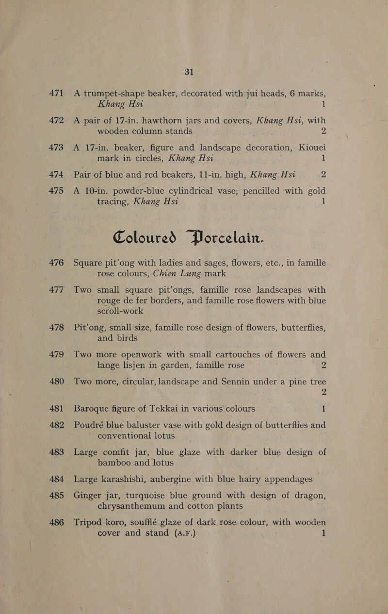 47] 472 473 474 475 476 477 478 479 480 481 482 483 484 485 486 31 A trumpet- shape beaker, decorated. with jui heads, 6 marks, Khang Hs1 | 1 A pair of 17-in. hawthorn jars and covers, Khang Hs1, with wooden column stands 2 A 17-in. beaker, figure and landscape decoration, Kiouel mark in circles, Khang Hst 1 Pair of blue and red beakers, 11-in. neh Khang Hs1 2 A 10-in. powder-blue cylindrical vase, pencilled with gold tracing, Khang Hsi 1 Coloured Porcelain. Square pit’ong with ladies and sages, flowers, etc., in famille rose colours, Chien Lung mark Two small square pit’ongs, famille rose landscapes with rouge de fer borders, and famille rose flowers with blue scroll-work Pit’ong, small size, famille rose design of flowers, butterflies, and birds Two more openwork with small cartouches of flowers and lange lisjen in garden, famille rose 2 Two more, circular, landscape and Sennin under a pine tree 2 Baroque figure of Tekkai in various colours et Poudré blue baluster vase with gold design of butterflies and conventional lotus Large comfit jar, blue glaze with darker blue design of bamboo and lotus Large karashishi, aubergine with blue hairy appendages | Ginger jar, turquoise blue ground with design of dragon, chrysanthemum and cotton plants Tripod koro, soufflé glaze of dark, rose colour, with wooden