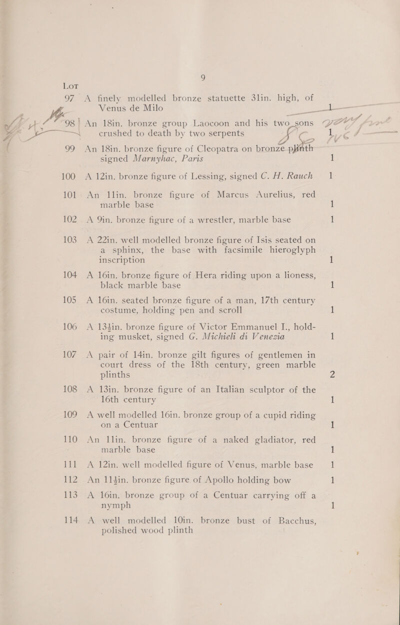 97 se Pe ae ide 100 101 9 Venus de Milo An 18in. bronze group Laocoon and his aioe, sons crushed to death by two serpents .. signed Marnyhac, Paris A 12in. bronze figure of Lessing, signed C. H. Rauch An llin. bronze figure of Marcus Aurelius, red marble base A 9in. bronze figure of a wrestler, marble base A 22in. well modelled bronze figure of Isis seated on a sphinx, the base with facsimile hieroglyph inscription A 1l6in. bronze figure of Hera riding upon a lioness, black marble base A 16in. seated bronze figure of a man, 17th century costume, holding pen and scroll A 134in. bronze figure of Victor Emmanuel I., hold- ing musket, signed G. Michieh di Venezia A pair of 14in. bronze gilt figures of gentlemen in court dress of the 18th century, green marble plinths A 13in. bronze figure of an Italian sculptor of the 16th century A well modelled 16in. bronze group of a cupid riding on a Centuar An llin. bronze figure of a naked gladiator, red marble base A 12in. well modelled figure of Venus, marble base An 114in. bronze figure of Apollo holding bow A l6in. bronze group of a Centuar carrying off a nymph A: swell; modelled .10in. Dronze. bust of Bacchus, polished wood plinth