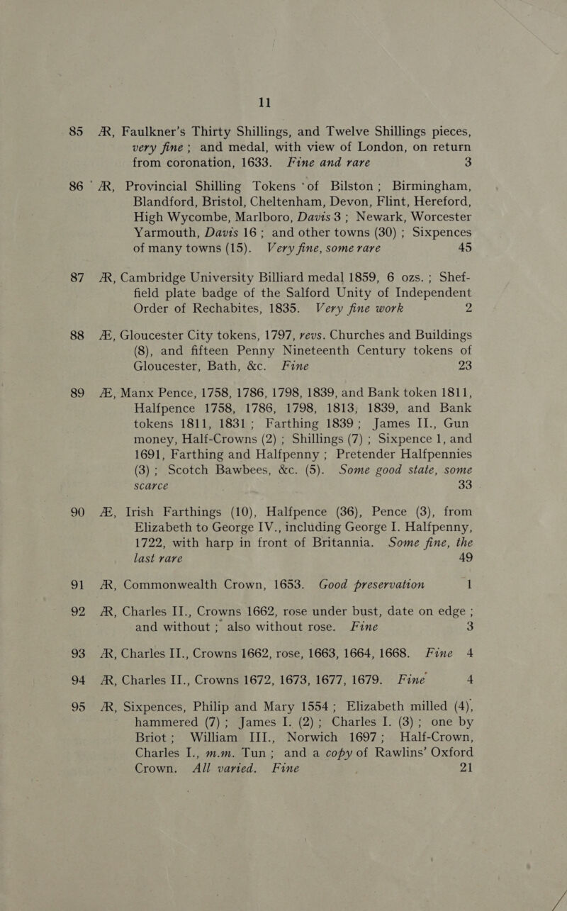 85 87 88 89 90 91 92 93 94 95 11 /R, Faulkner’s Thirty Shillings, and Twelve Shillings pieces, very fine; and medal, with view of London, on return from coronation, 1633. Fine and rare 3 /R, Provincial Shilling Tokens ‘of Bilston; Birmingham, Blandford, Bristol, Cheltenham, Devon, Flint, Hereford, High Wycombe, Marlboro, Davis 3 ; Newark, Worcester Yarmouth, Davis 16; and other towns (30) ; Sixpences of many towns (15). Very fine, some rare 45 AR, Cambridge University Billiard medal 1859, 6 ozs. ; Shef- field plate badge of the Salford Unity of Independent Order of Rechabites, 1835. Very fine work 2 E, Gloucester City tokens, 1797, revs. Churches and Buildings (8), and fifteen Penny Nineteenth Century tokens of Gloucester, Bath, &amp;c. Fine 23 ZE, Manx Pence, 1758, 1786, 1798, 1839, and Bank token 1811, Halfpence 1758, 1786, 1798, 1813, 1839, and Bank tokens 1811, 1831; Farthing 1839; James II., Gun money, Half-Crowns (2) ; Shillings (7) ; Sixpence 1, and 1691, Farthing and Halfpenny ; Pretender Halfpennies (3) ; Scotch Bawbees, &amp;c. (5). Some good state, some scarce 33 ZE, Irish Farthings (10), Halfpence (36), Pence (3), from Elizabeth to George IV., including George I. Halfpenny, 1722, with harp in front of Britannia. Some fine, the last rare 49 AR, Commonwealth Crown, 1653. Good preservation 1 AR, Charles II., Crowns 1662, rose under bust, date on edge ; and without ; also without rose. Fine 3 AR, Charles II., Crowns 1662, rose, 1663, 1664, 1668. Fine 4 A, Charles II., Crowns 1672, 1673, 1677, 1679. Fine 4 AR, Sixpences, Philip and Mary 1554; Elizabeth milled (4), hammered (7); James I. (2); Charles I. (3); one by Briot; William III., Norwich 1697; Half-Crown, Charles I., mm. Tun; and a copy of Rawlins’ Oxford Crown. All varied. Fine 21