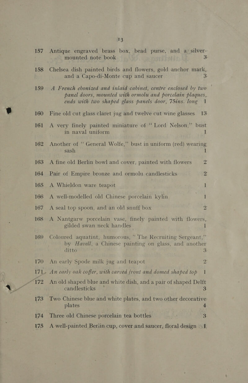 157 158 159 160 161 162 174 °S Antique engraved brass box, bead purse, and. a¥ silver- mounted note book . 3- Chelsea dish painted birds and flowers, gold anchor mark, and a Capo-di-Monte cup and saucer 3 A French ebonized and inlaid cabinet, centre enclosed by two panel doors, mounted with ormolu and porcelain plaques,. ends with two shaped glass panels door, 75ins. long 1 Fine old cut glass claret jug and twelve cut wine glasses 13 A very finely painted miniature of “‘ Lord Nelson,’’ bust in naval uniform 1 Another of “ General Wolfe,” bust in uniform (red) wearing sash l A Pie old Berlin bowl and cover, painted with flowers M4 Pair of Empire bronze and ormolu candlesticks 2 A Whieldon ware teapot A well-modelled old Chinese porcelain kylin 1 A seal top spoon, and an old snuff box 2 A Nantgarw porcelain vase, finely painted with flowers, gilded swan neck handles I Coloured aquatint, humorous, * The Recruiting Sergeant,” by Havell, a Chinese painting on glass, and another ditto : 3 An early Spode milk jug and teapot 2 An early oak coffer, with carved front and domed shaped top 1 An old shaped blue and white dish, and a pair of shaped Delft candlesticks _ 3- Two Chinese blue and white plates, and two other decorative plates 4 Three old Chinese porcelain tea bottles as 3-