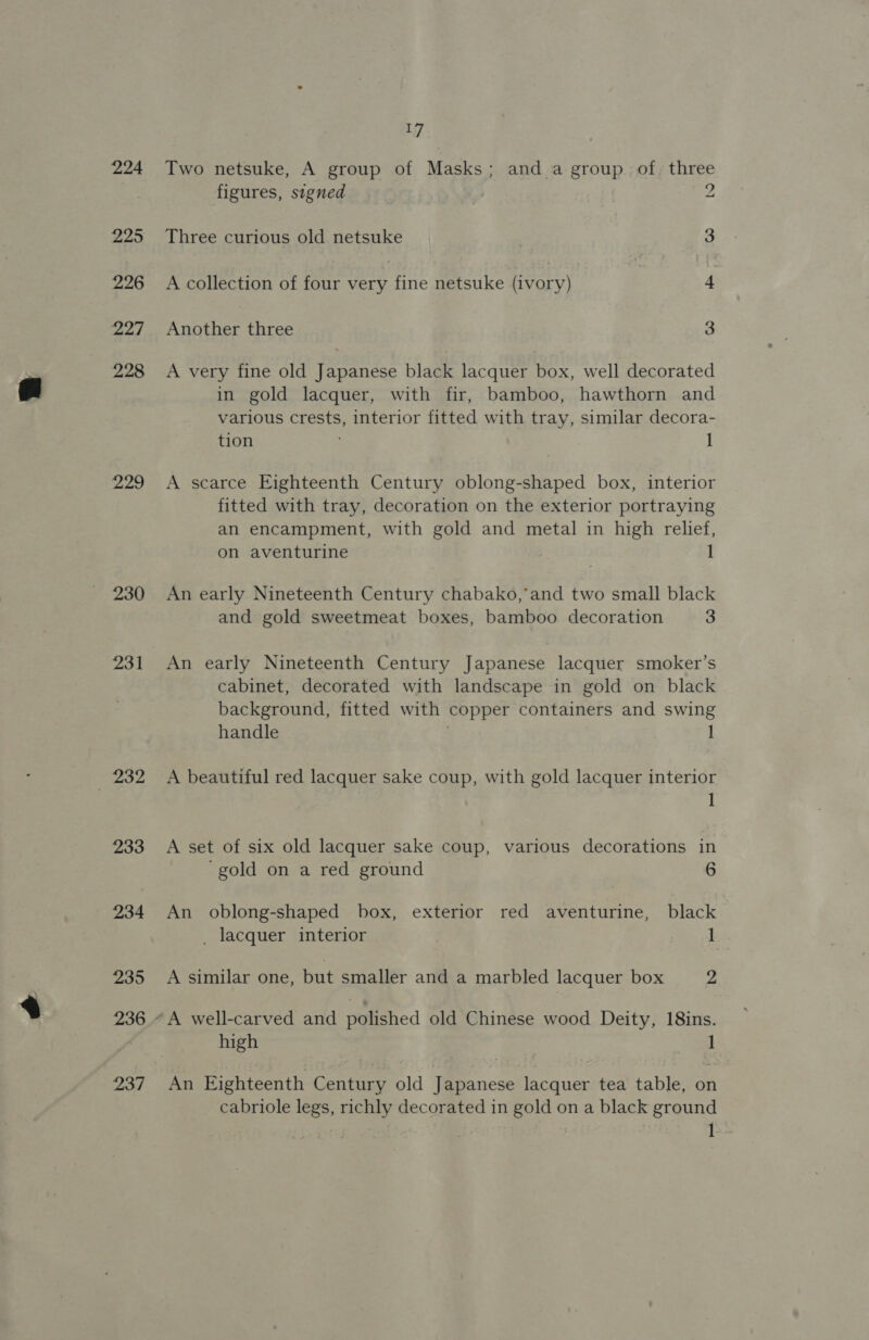 224 225 226 227 228 229 230 231 232 233 234 235 236 17 Two netsuke, A group of Masks; and a group of. three figures, signed 2 Three curious old netsuke 3 A collection of four very fine netsuke (ivory) 4 Another three 3 A very fine old Japanese black lacquer box, well decorated in gold lacquer, with fir, bamboo, hawthorn and various crests, interior fitted with tray, similar decora- tion 1 A scarce Eighteenth Century oblong-shaped box, interior fitted with tray, decoration on the exterior portraying an encampment, with gold and metal in high relief, on aventurine 1 An early Nineteenth Century chabako,’ and two small black and gold sweetmeat boxes, bamboo decoration 3 An early Nineteenth Century Japanese lacquer smoker’s cabinet, decorated with landscape in gold on black background, fitted with copper containers and swing handle 1 A beautiful red lacquer sake coup, with gold lacquer interior 1 A set of six old lacquer sake coup, various decorations in ‘gold on a red ground 6 An oblong-shaped box, exterior red aventurine, black _ lacquer interior 1 A similar one, but smaller and a marbled lacquer box 2 high 1 An Eighteenth Century old Japanese lacquer tea table, on cabriole legs, richly decorated in gold on a black ground 1